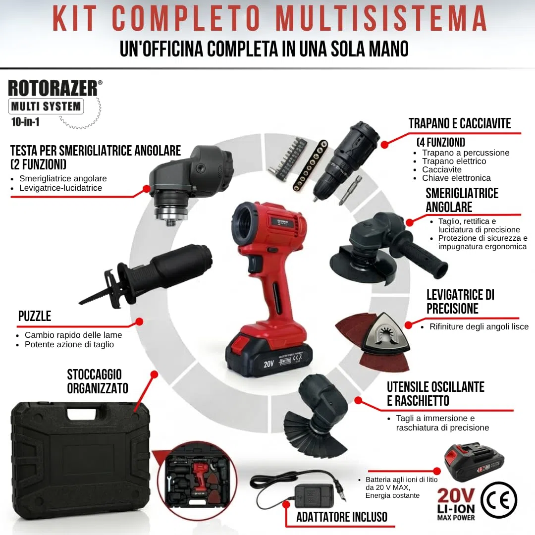 Rotorazer Multi System 10 in 1 - Multiutensile wireless 20 V: Trapano a percussione, seghetto alternativo, smerigliatrice, levigatrice e oscillante, kit completo con valigetta e batteria 1500 mAh