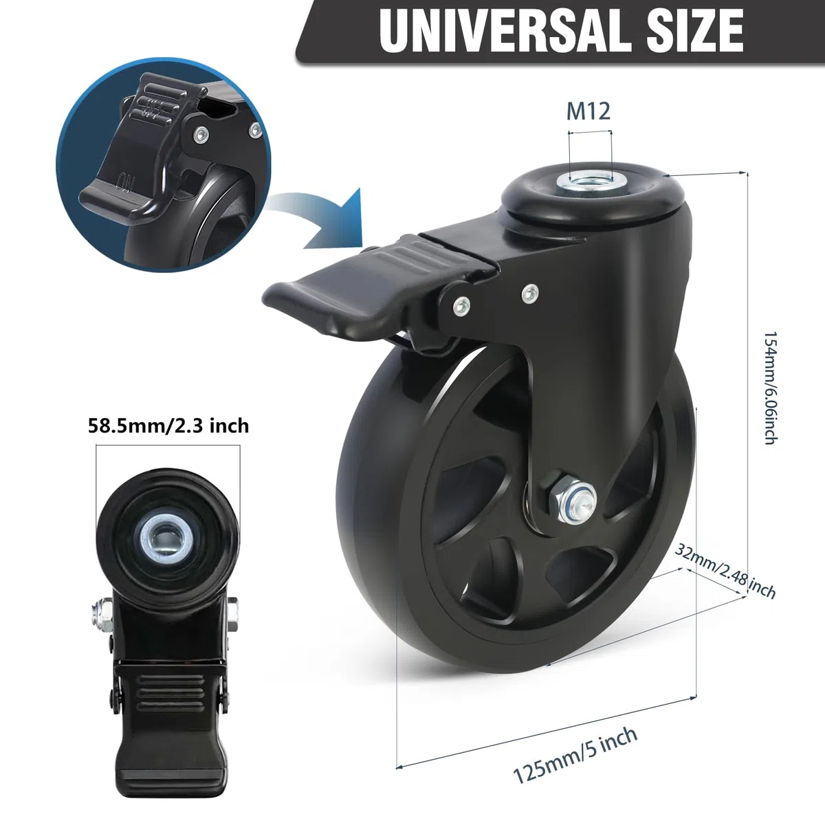 Rotelle per Mobili con Freno, Ruote Girevoli da 125mm con Foro Posteriore M12, Ruote per Il Trasporto, Ruote per Carrello Rotazione di 360 Gradi, Set da 4 Ruote per Mobili Portata 650 Kg
