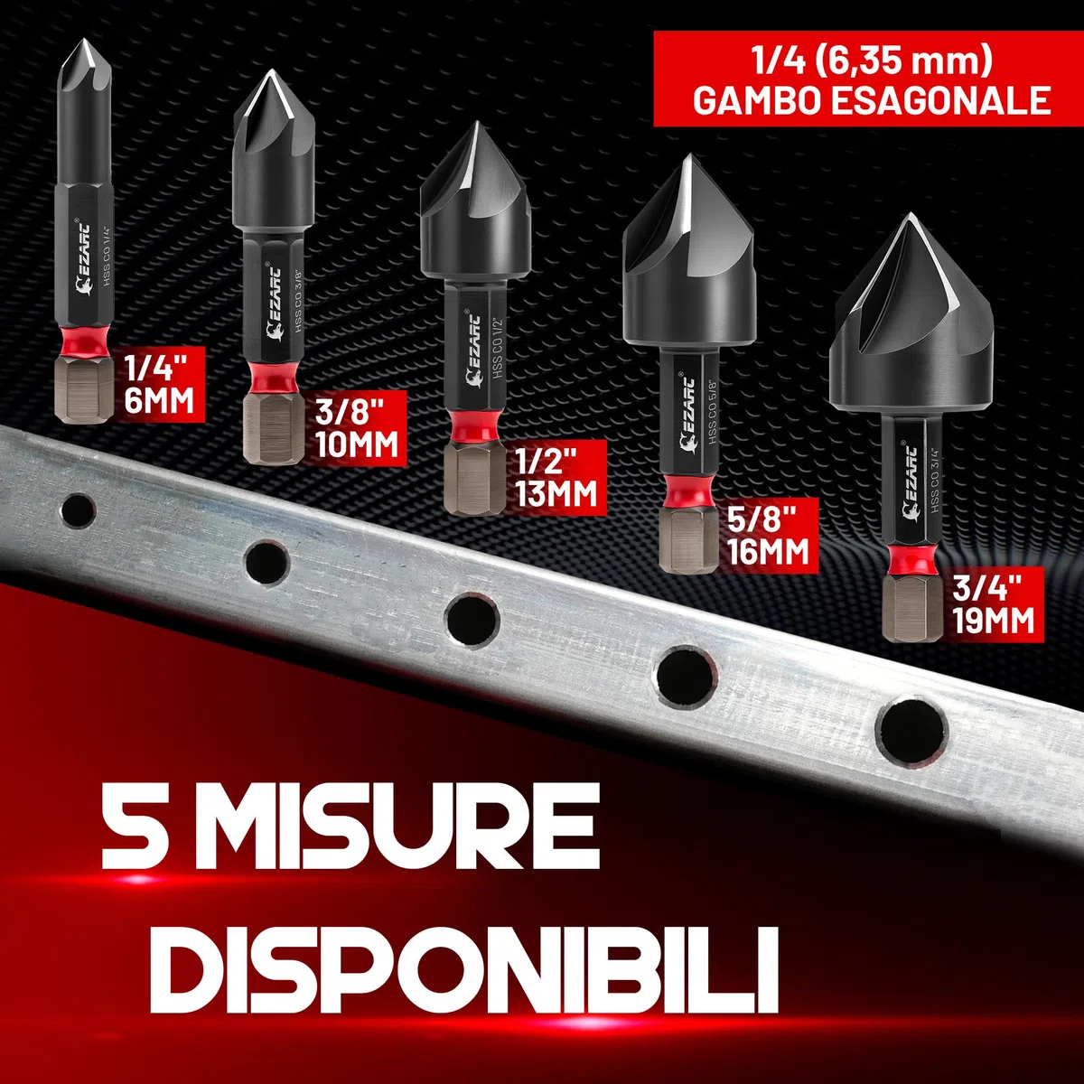 EZARC Set di punte da trapano per svasatura in ossidiana, per metallo duro, punta da trapano con rivestimento in nitruro di alluminio e titanio con gambo esagonale da 1/4", design a 5 scanalature, 1/4