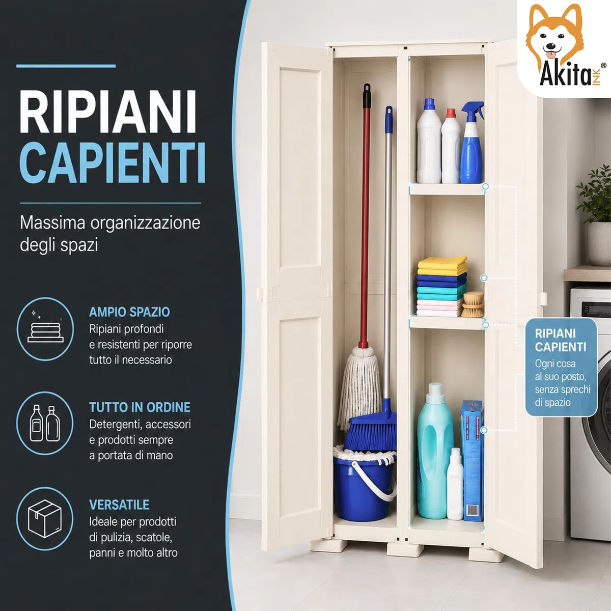 AKITAInk Armadio Multiuso in Plastica Simplex e Omnimodus, Disponibile in Versione Portascope o Bassa, con 1 o 2 Ripiani, Colori Grigio e Panna (Armadio Portascope Simplex con 1 Ripiano Panna)