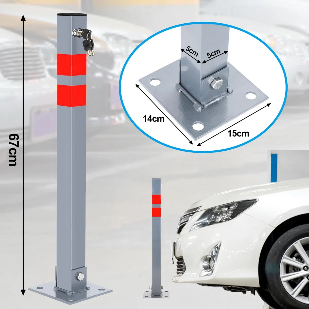 Eulenke 2X dissuasore parcheggio, pieghevole Parcheggio Barriera, Barriera Parcheggio con chiavi e strisce riflettenti, Facile da Installare blocco parcheggio, Palo Dissuasore Anti Altezza 67cm
