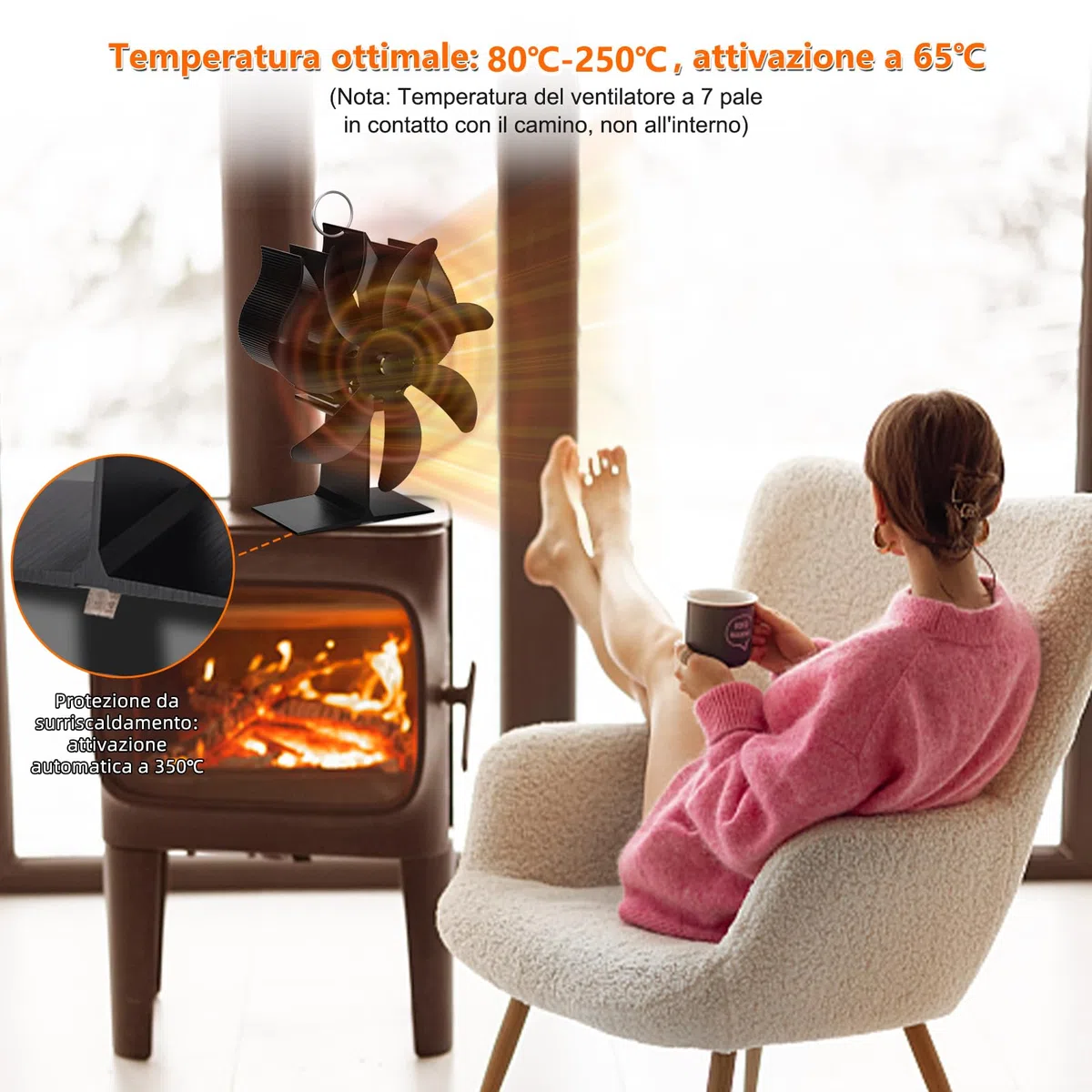 Nauotk Ventilatore per Stufa a Legna: 7 Pale Ventola Stufa a Legna,Ventilatore Stufa con Termometro, Ecologico Calore Ventola Senza Elettricità Alimentato,Silenzioso Stufa a Pellet (7 Pales)