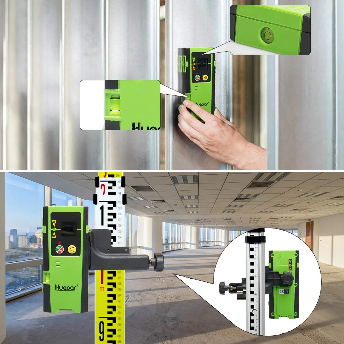Huepar LR-6RG Ricevitore Laser per Huepar Livella laser a impulsi, Rileva Raggio Laser Rosso e Verde fino a 60m, Display a LED a tre lati, Timer di Spegnimento Automatico