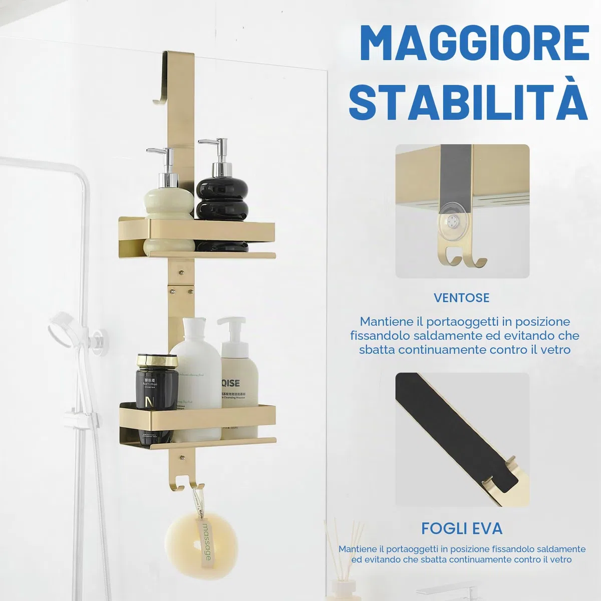 Mensola da Doccia SUS304 per Appendere Oro Mensola da Doccia Senza Foratura in Acciaio Inox per Shampoo e Gel Doccia
