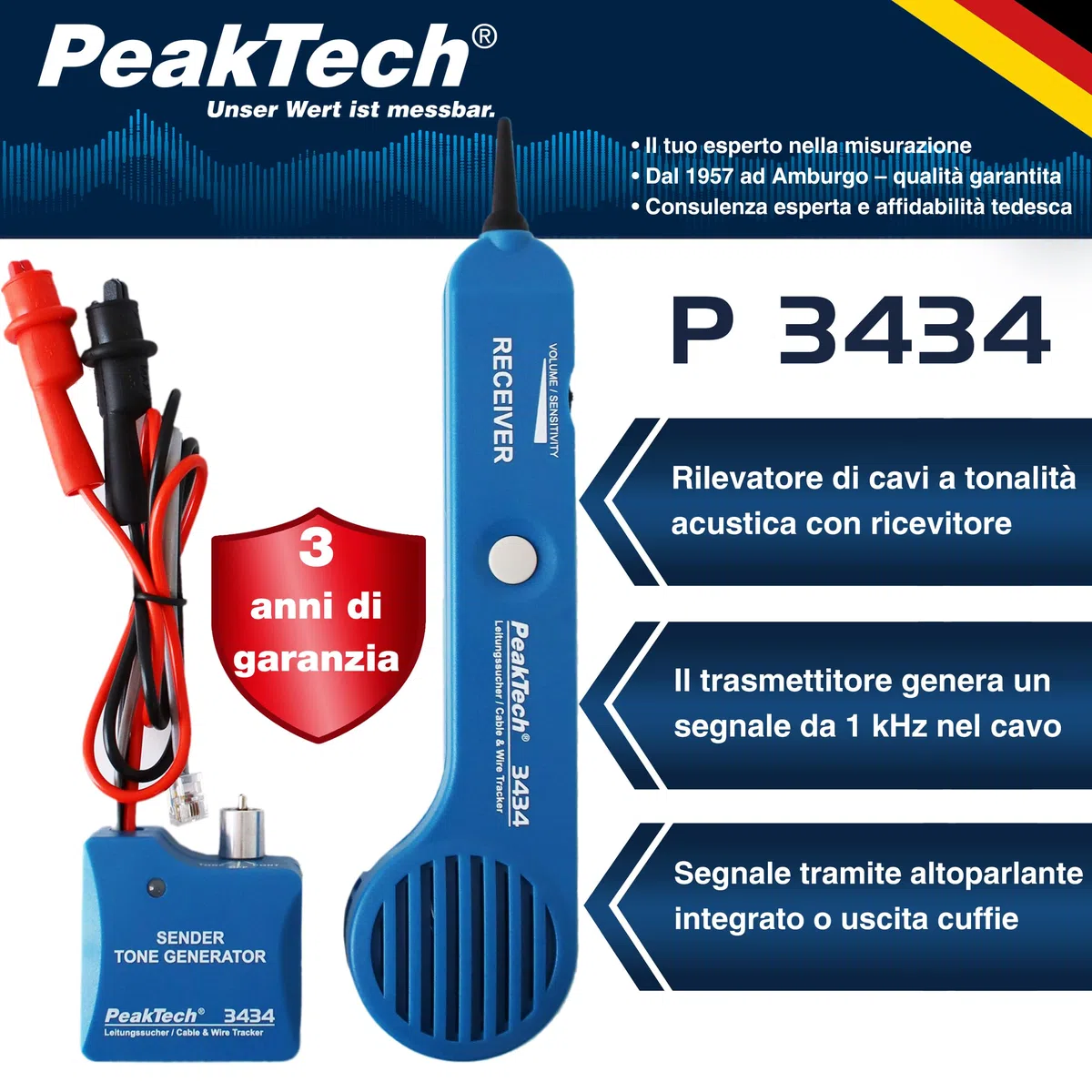 PeakTech 3434 Cercatore di linee per cavi e cavi telefonici [garanzia di 3 anni] Cercatore di linee con tester di continuità e segnale audio, clip a coccodrillo, telefono, RJ11