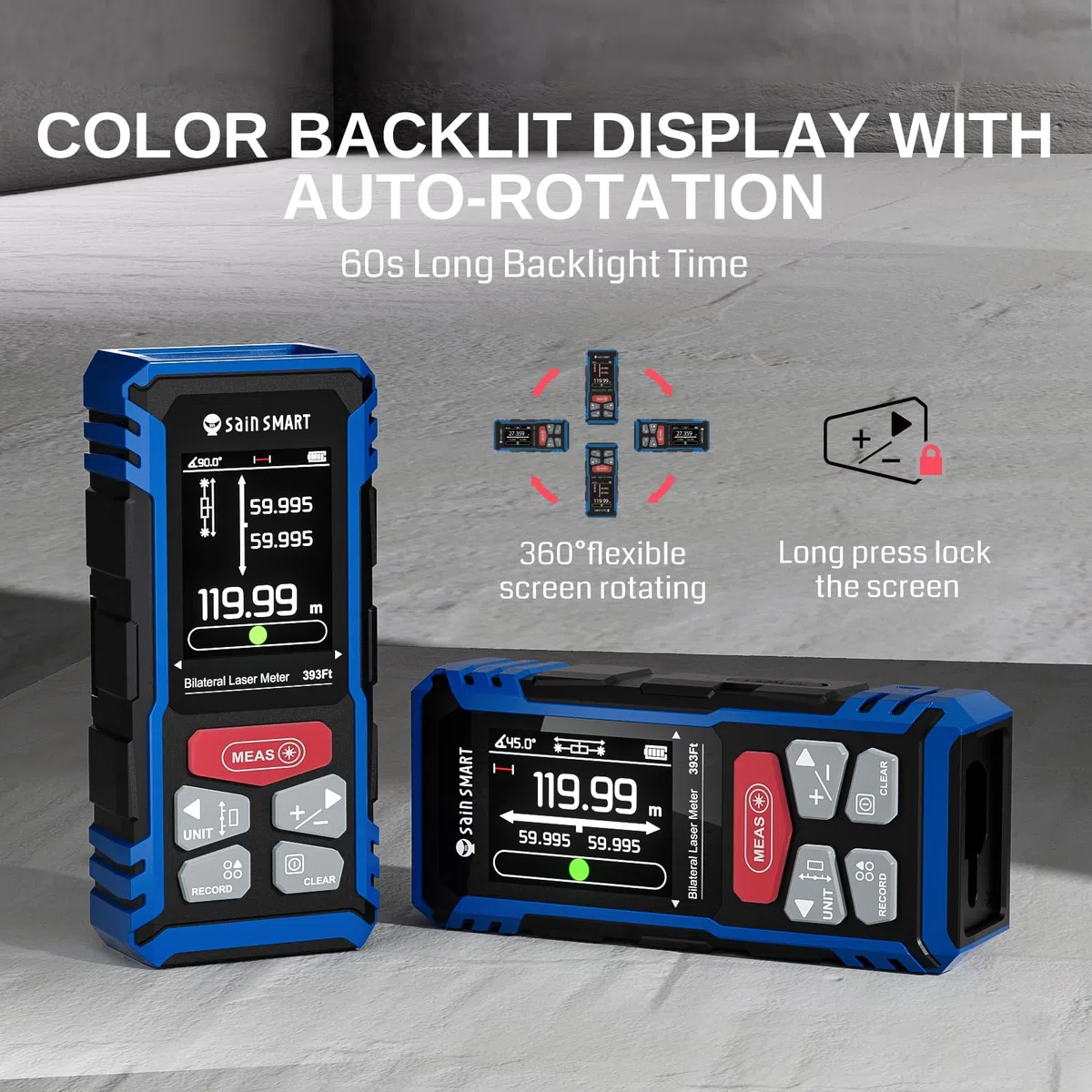 Strumento di misurazione laser doppio SainSmart, misuratore di distanza bilaterale ricaricabile da 120 metri con LCD retroilluminato, sensore di lunghezza/area/volume/angolo