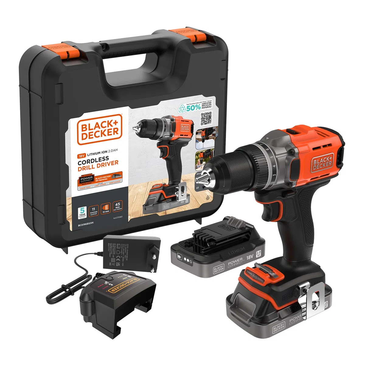 BLACK+DECKER Trapano avvitatore a batteria da 18 V, coppia massima di 45 Nm, 2 batterie da 2,0 Ah, caricatore da 1 A e kitbox, BCD382D2XK-QW