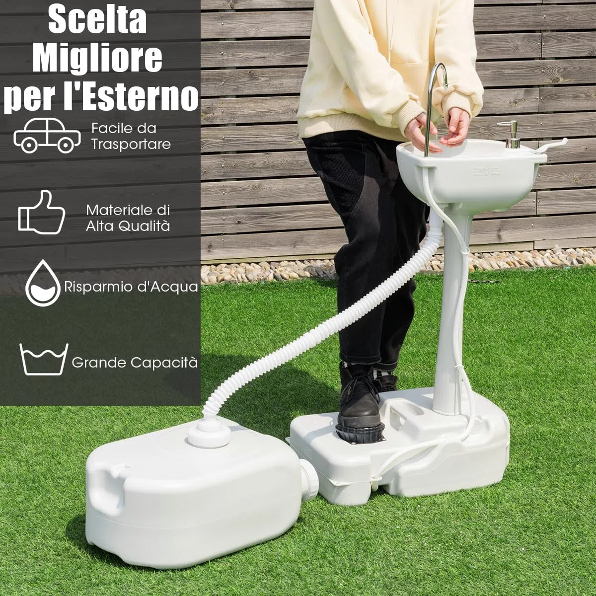 COSTWAY Lavandino da Campeggio con Pompa a Pedale, Lavandino Portatile con Serbatoio d'Acqua da 17L, Dispenser Sapone, Portasciugamani e Ruote (58 x34 x 102cm)