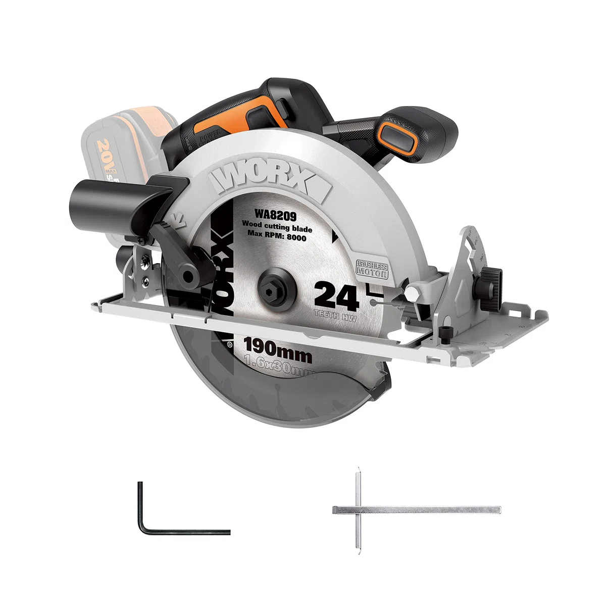 WORX WX520.9 Sega circolare Brushless 20 V Worx | PowerShare | Senza batteria, né caricatore | Base in alluminio, impugnatura ergonomica