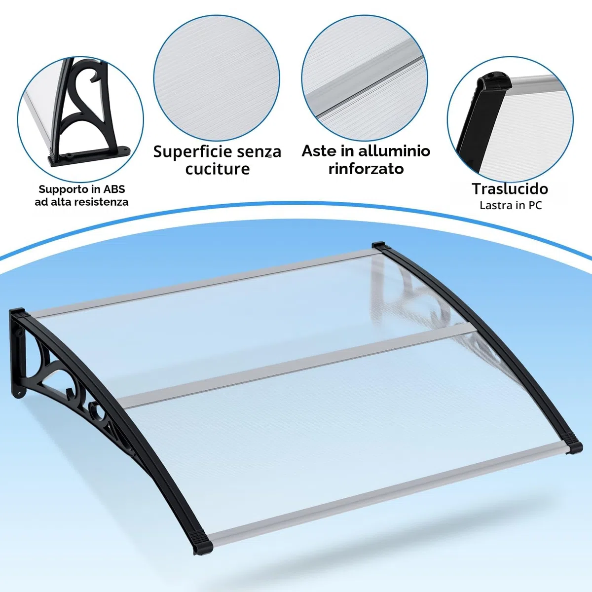 Sonnewelt Pensilina per Porta d'Ingresso 100x150 cm, Tetto in Policarbonato Alveolare 5 mm Trasparente con Struttura ABS, Tettoia ad Arco, Protezione Esterna dalla Pioggia e dal Sole