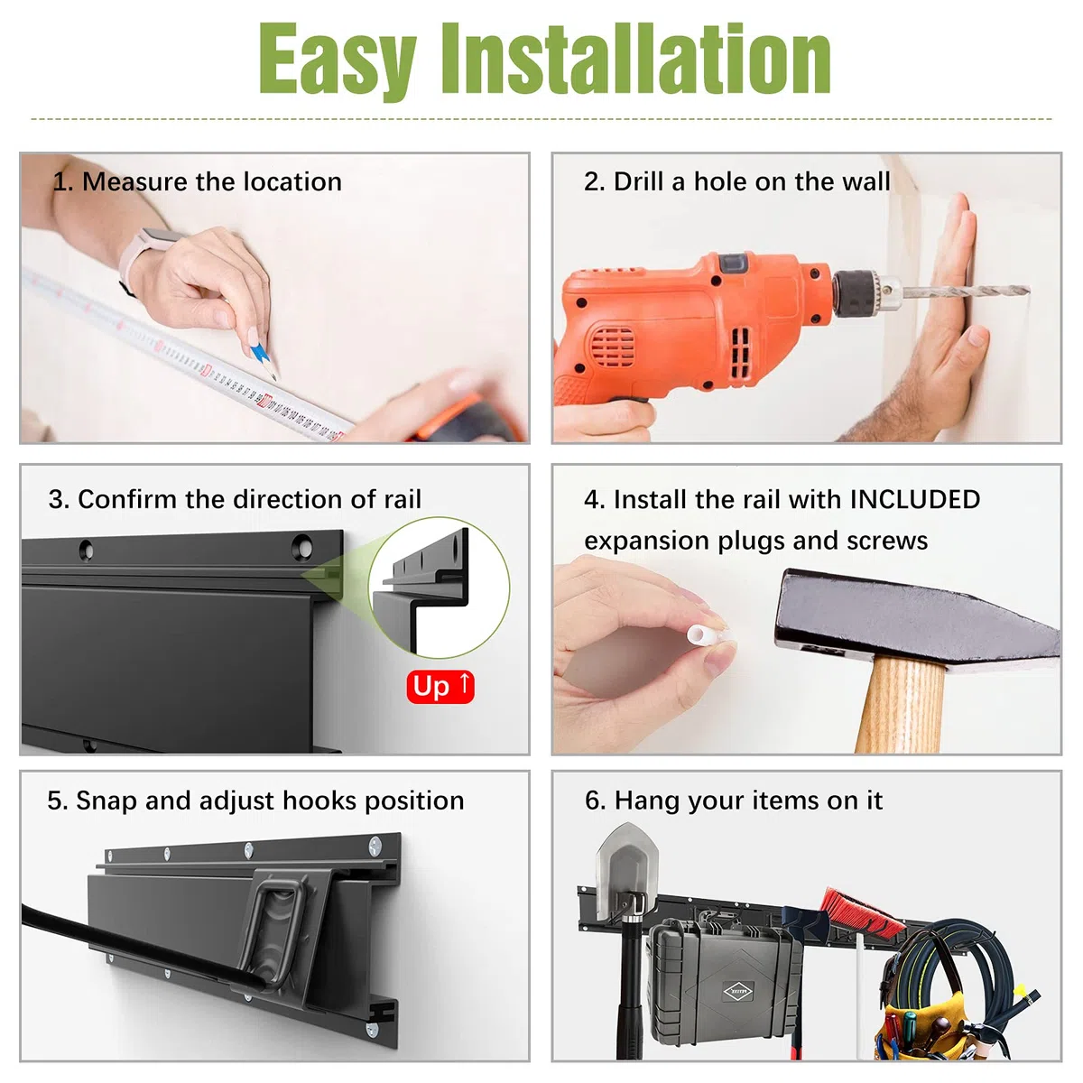 Housolution Rastrelliere di Immagazzinamento da Muro 121cm con 6 Ganci Metallici Mobili, Set di Utensili da Parete da Officina Garage Portautensili Set di Ganci di Fissaggio per Supporto Arnesi