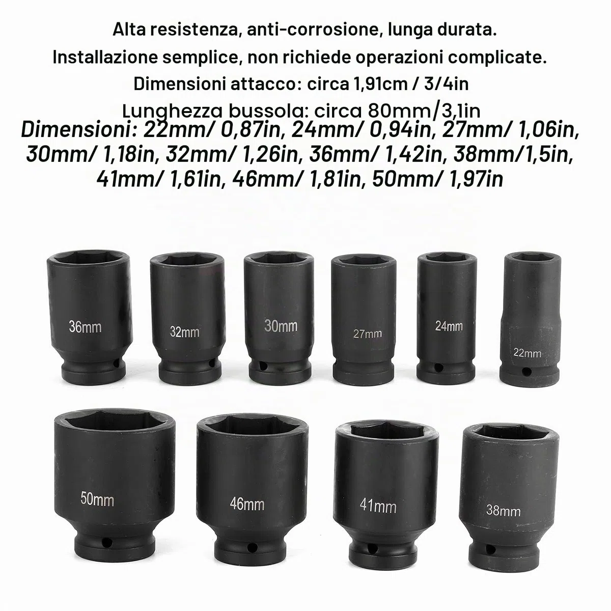 Ausla Bussole Impatto Set 10 Pezzi Metrico 22-50mm | Acciaio Cr-V, 6 punti, custodia per attrezzi