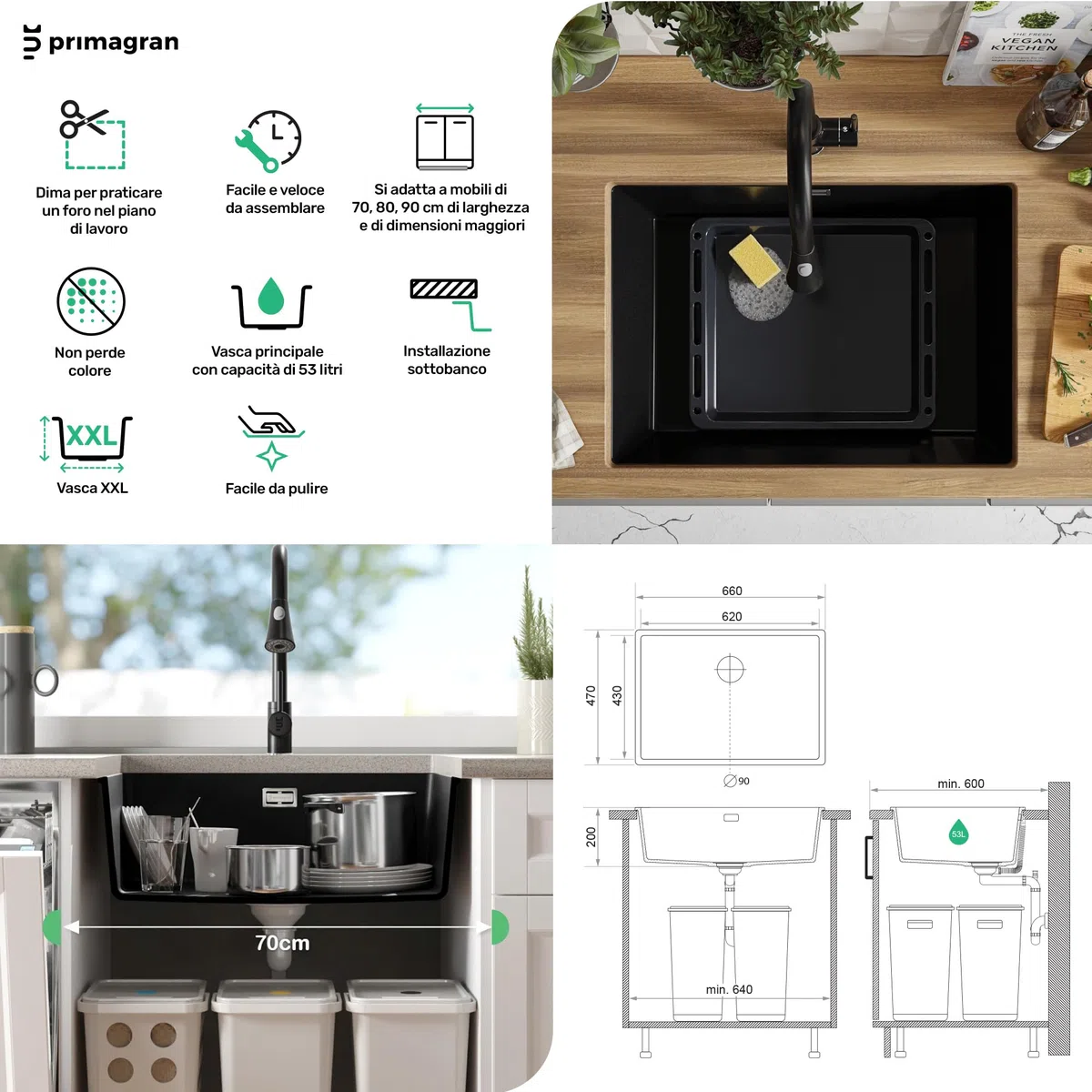 PRIMAGRAN Lavandino sottotop Tutto Nero - London, 66x47cm | Lavello in Granito a 1 Vasca + Rubinetto 40x20cm + Zuberhor-Set, Lavabo da Cucina al Mobile 70cm (S406)