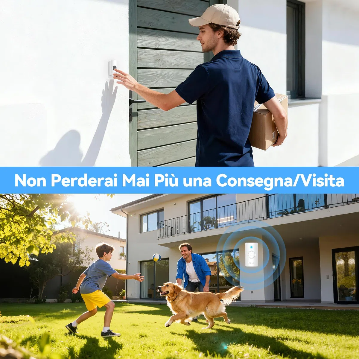 TECKNET Campanello Senza Fili, IP67 Campanello Impermeabile, 400M Campanello Senza Fili da Esterno, Kit Campanello Wireless Che Include 3 Ricevitore 1 Trasmettitori,5 Livelli di Volume e 60 Melodie