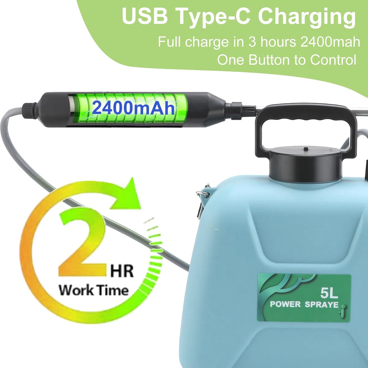 Spruzzatore Elettrico, Spruzzatore Da Giardino Elettrico 5L, 2400 mAh Spruzzatore 3 ugelli nebulizzatori, impugnatura ricaricabile USB, bacchetta retrattile e tracolla regolabile per prato, giardin