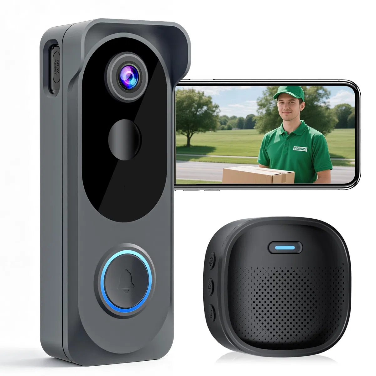 Videocitofono wireless 2K HD, con rilevamento del movimento PIR, alimentazione a batteria, avvisi istantanei, audio a 2 vie, visione notturna, WiFi 2.4G, IP66, scheda SD/archiviazione cloud, funziona