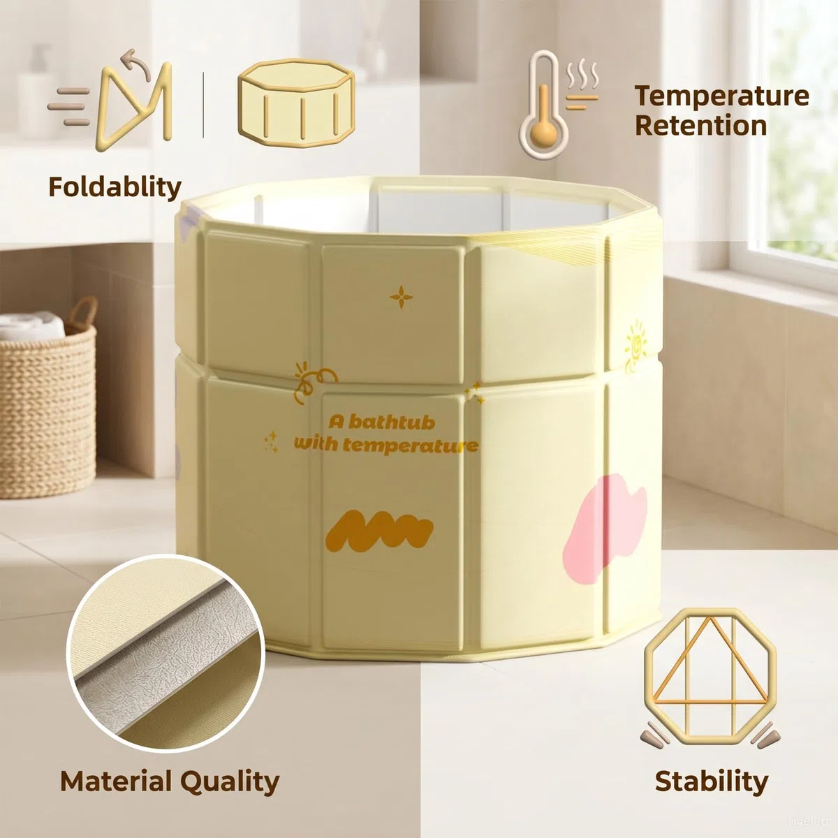 Vasca da bagno pieghevole giallo 70 x 70 cm, pieghevole per adulti, vasca da bagno pieghevole portatile, vasca da bagno separata, vasca SPA, ammollo, nessuna installazione per casa e all'aperto