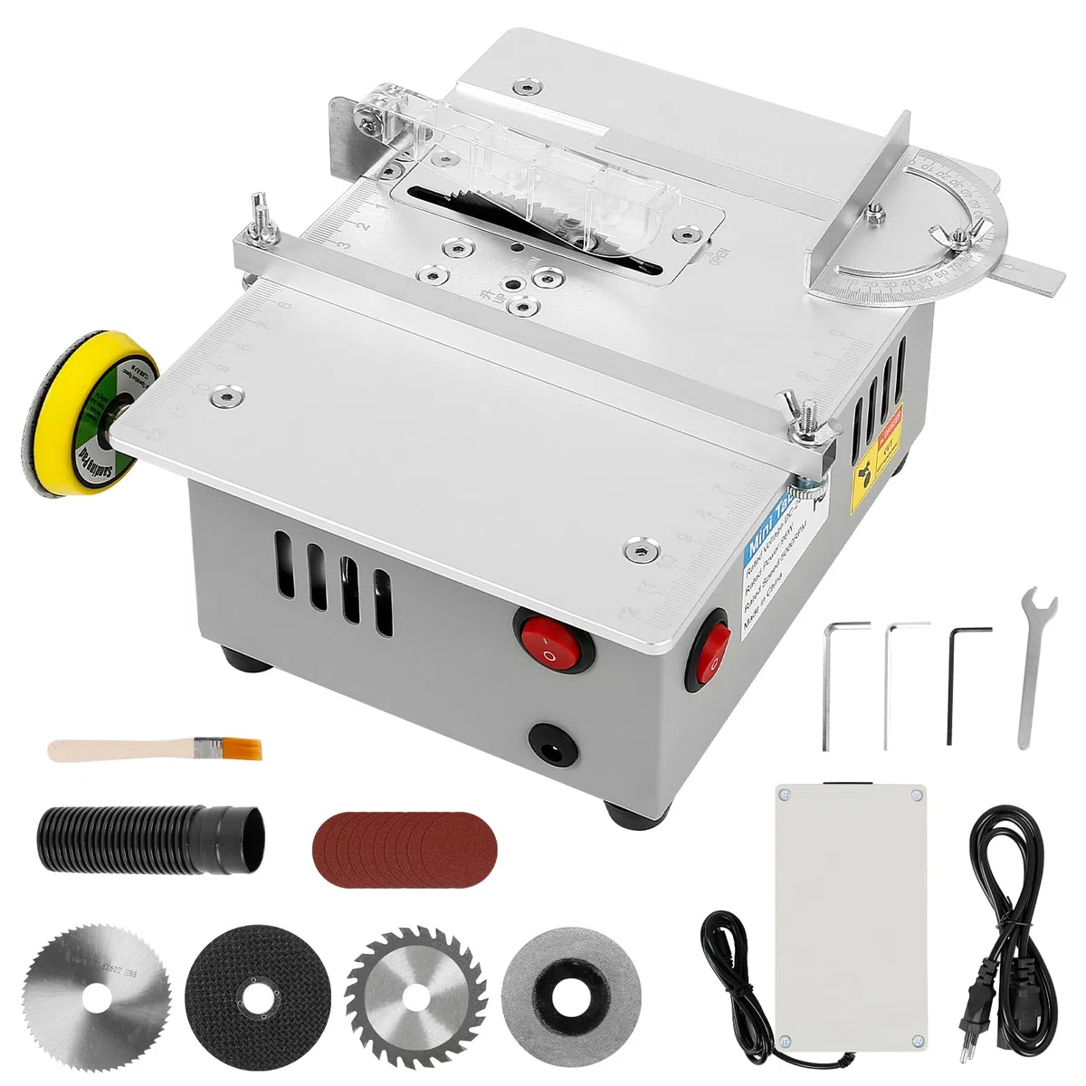 Mini sega da tavolo, 240 W, doppio controllo del motore, con disco abrasivo da 2 pollici, 10 cuscinetti per lucidatura e 4 lame, profondità di taglio regolabile, seghe circolari da tavolo, spina