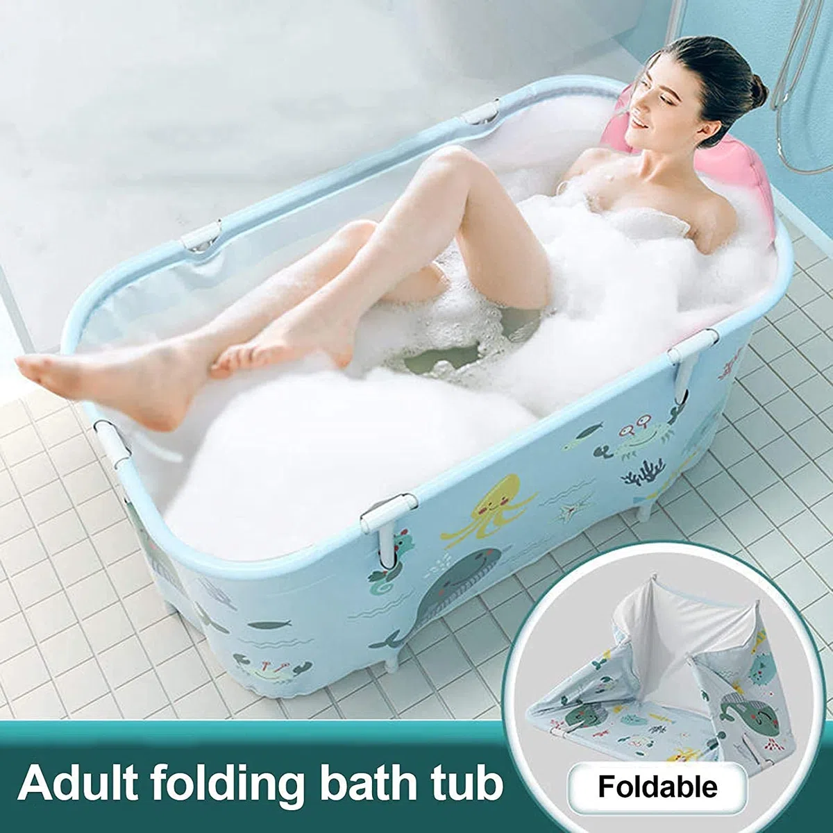 HUIPYOU Vasca da bagno portatile, pieghevole, vasca da bagno in plastica SPA, vasca da bagno extra large per adulti bambini 120 cm, blu