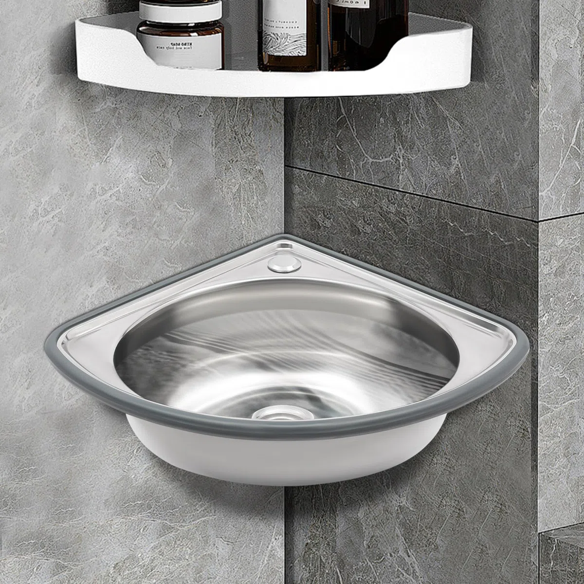 Piccolo lavabo da parete per bagno, lavabo angolare triangolare, mini lavandino ad angolo in acciaio inox per camper e piccoli spazi, 17 x 14,5 pollici, lavabo triangolare argentato con e