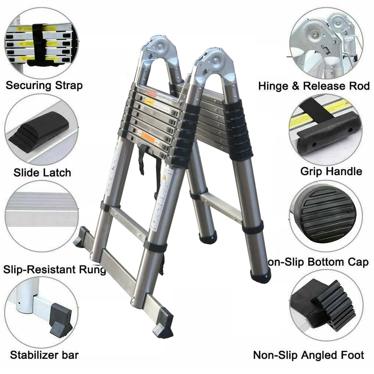Scala telescopica con stabilizzatore, 5 m (2,5 m + 2,5 m), scala pieghevole ad A, in acciaio inox di alta qualità, scala allungabile, scala multiuso, portata 150 kg
