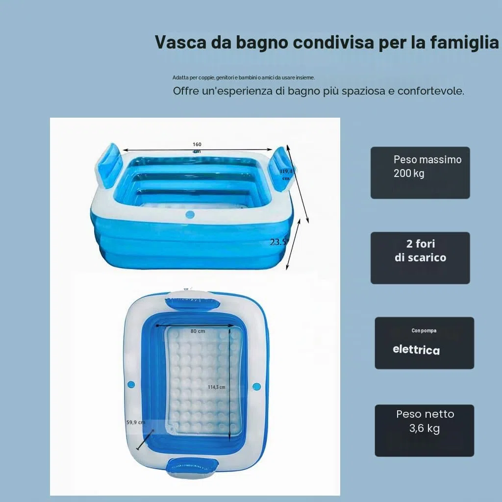 Vasca doppia gonfiabile con pompa d'aria elettrica e tappetino da bagno, vasca portatile per adulti, vasca idromassaggio pieghevole autoportante con portabicchieri di drenaggio