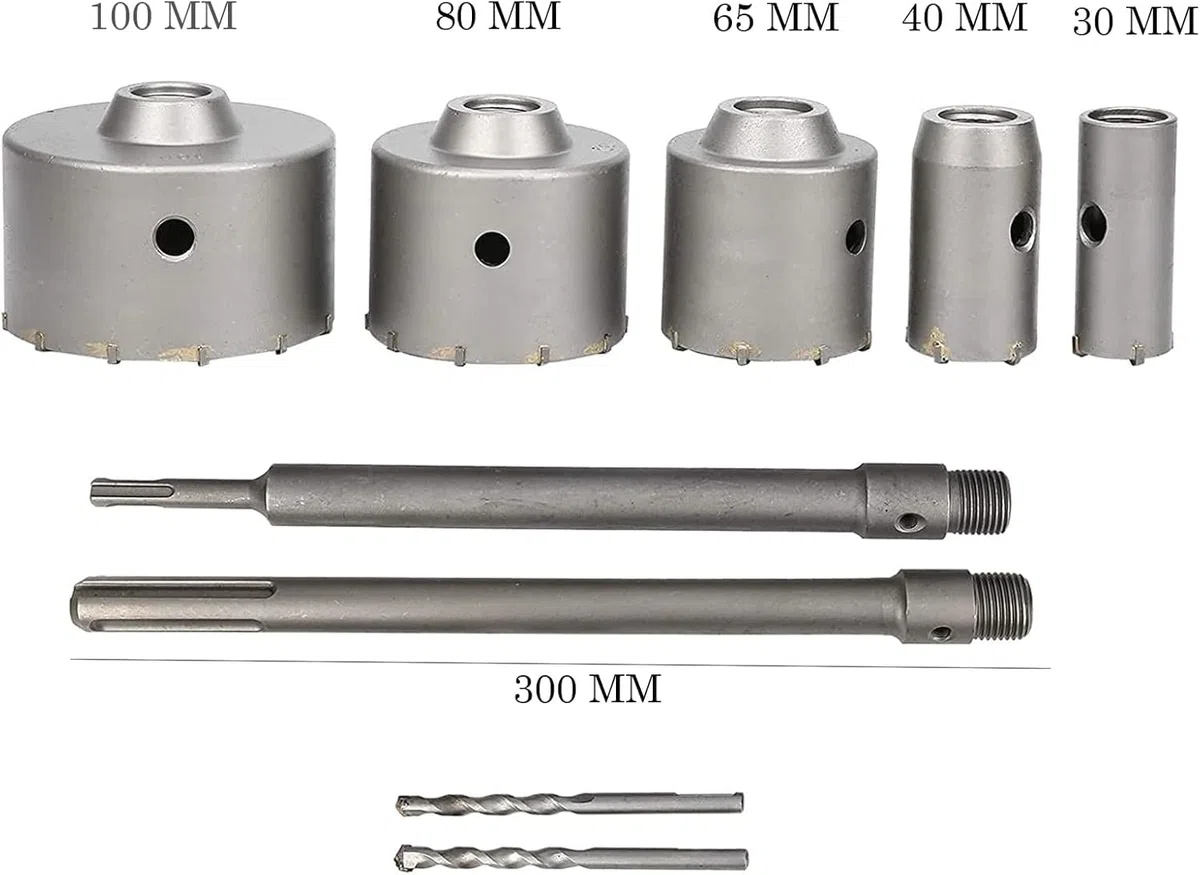 Sega a Tazza Carotatrice a Tazza Per Muro 9 Pezzi, Ø30, Ø40, Ø65, Ø80, Ø100 Mm, Con Albero SDS Plus E SDS-Max Carotatrici accessori trapano a tazza 9 pezzi per muro fresa per Cemento e Calcestruzzo