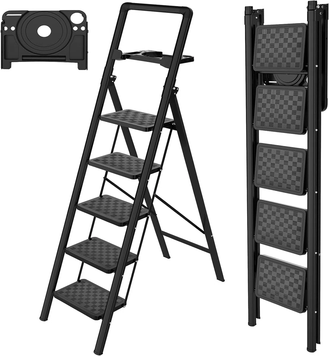 HBTower Scala 5 Gradini Pieghevole con Vassoio Porta-Attrezzi, Sgabello Compatto, Struttura in Acciaio Robusto, Portata 150 kg, Portatile per Casa e Cucina