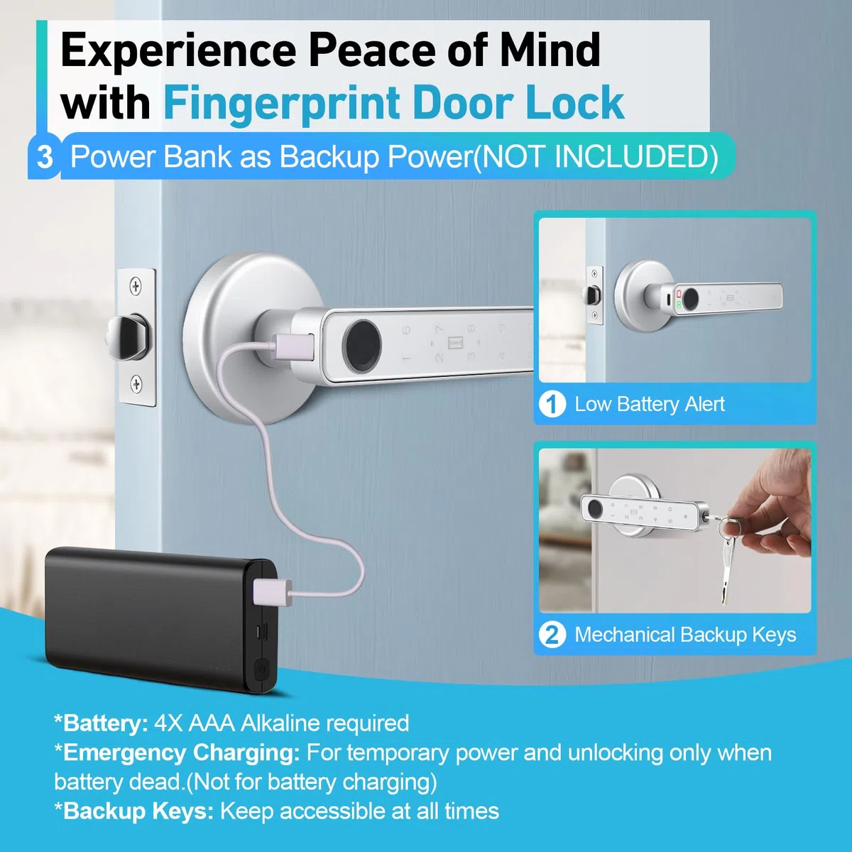 Smart serratura elettrica con impronte digitali, Smart Lock per porta interna, serratura elettronica con Bluetooth, password, app, scheda IC e chiave di emergenza per Smart Home