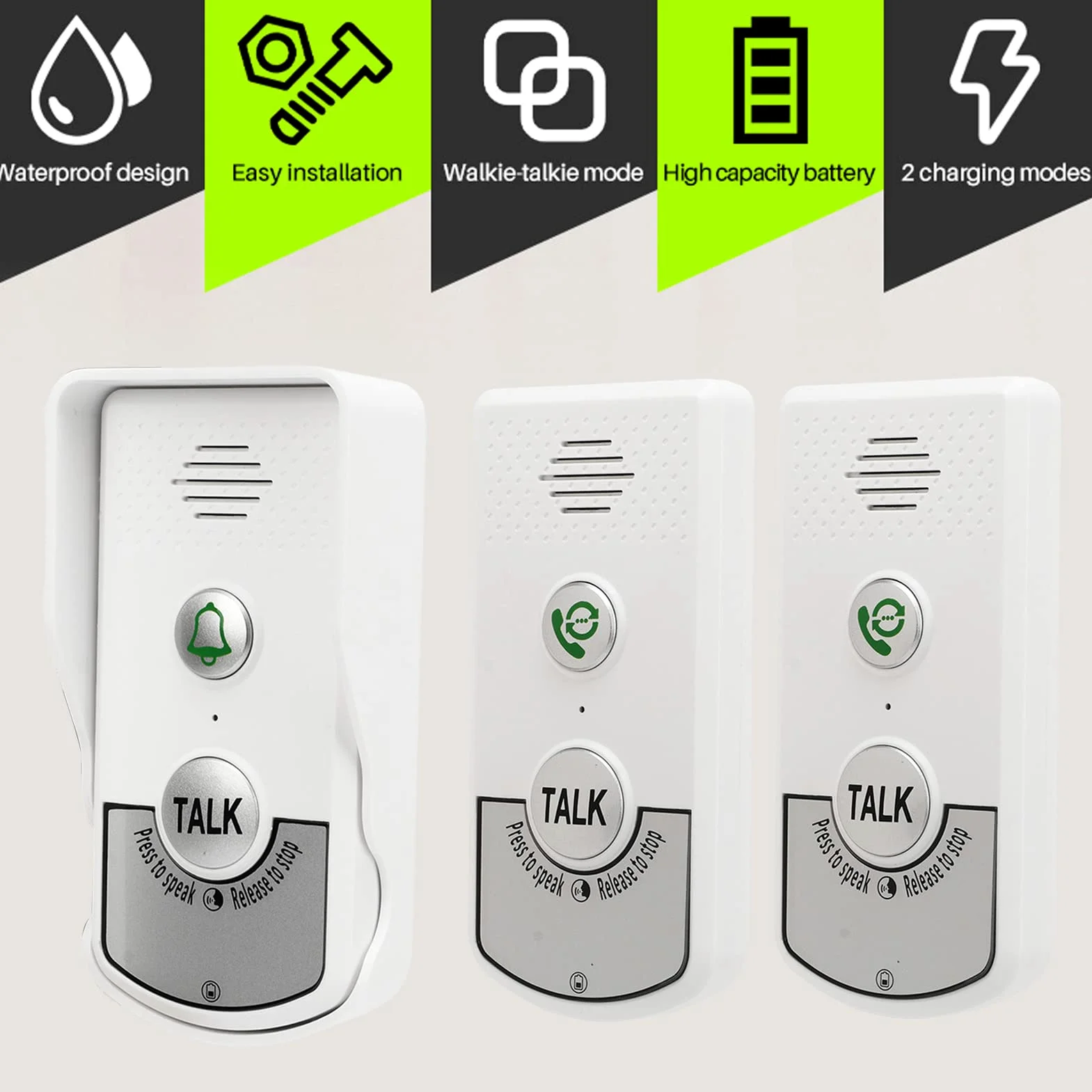 Campanello Wireless, Citofono, Set Campanello di Chiamata, Campanello D'ingresso, Impermeabile, Antipolvere, Wireless, Distanza Wireless 1000 M, 2 Ricevitori, 1 Trasmettitore