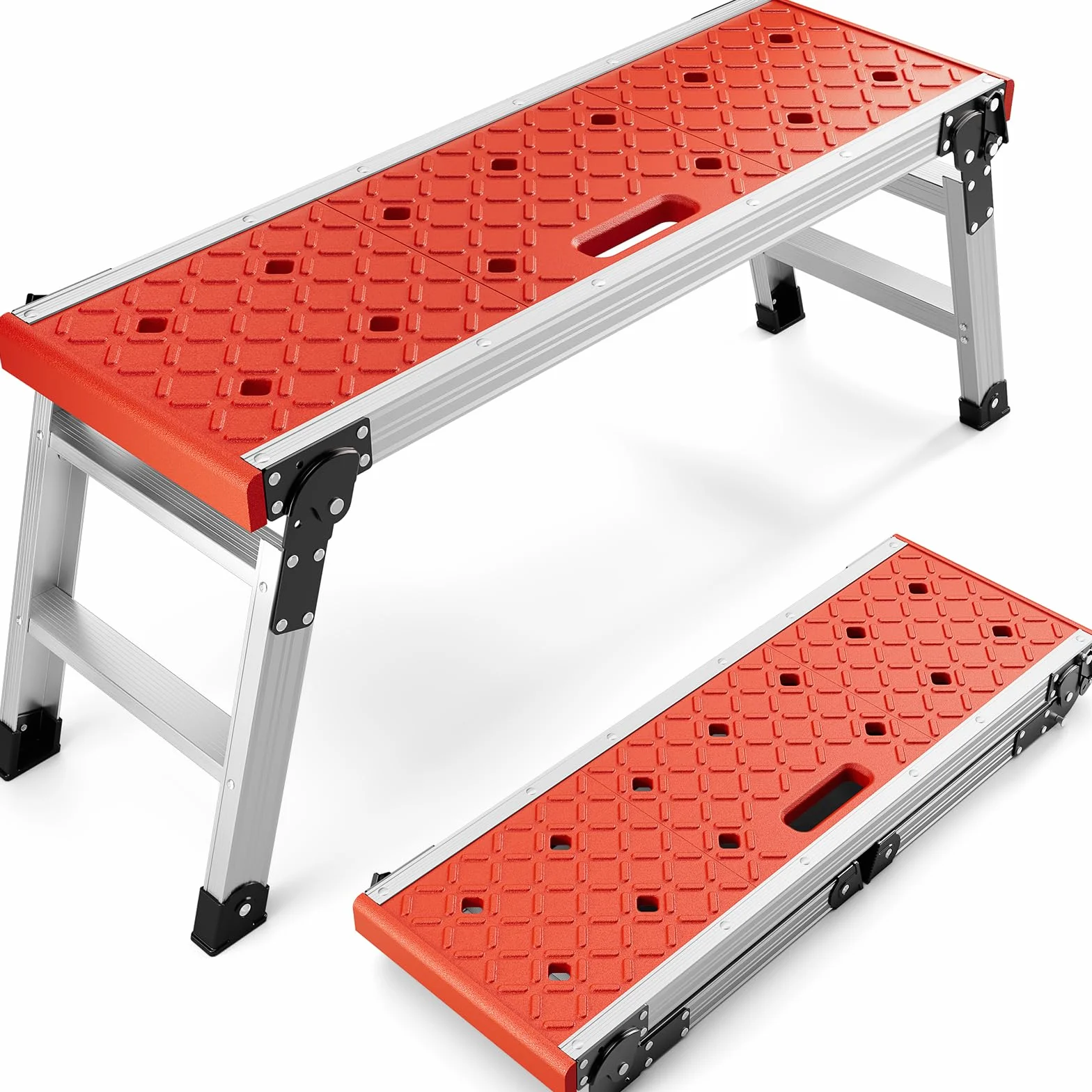 KINGRACK Piattaforma di lavoro pieghevole in alluminio portatile, cavalletti da lavoro antiscivolo con serrature di sicurezza per casa garage, trabattello portata di 150 kg, Argento e rosso