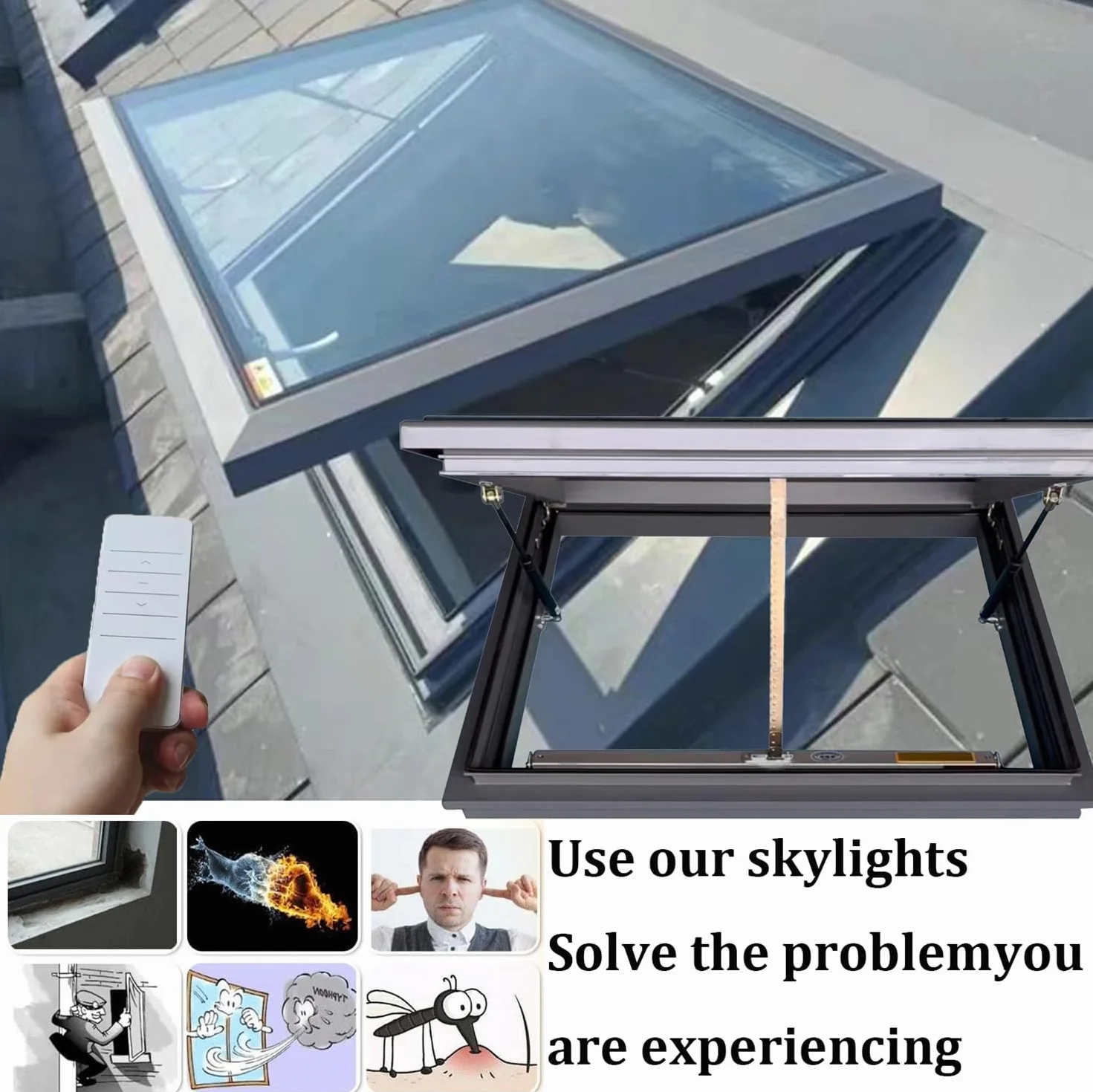Finestra da tetto elettrica con protezione solare e zanzariera, impermeabile, per illuminazione naturale e ventilazione