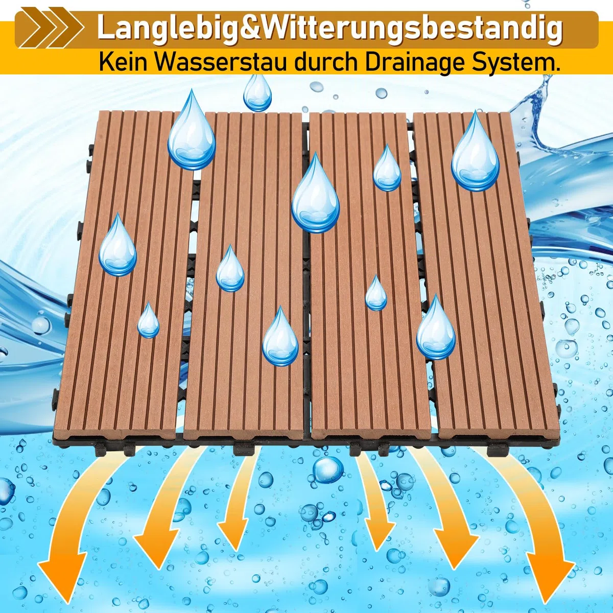 Gimisgu WPC - Piastrelle per terrazze, effetto legno, per balconi, terrazze, piastrelle a clic, in plastica, con drenaggio, per balcone e giardino, set da 55 pezzi, per 5 m², colore: marrone