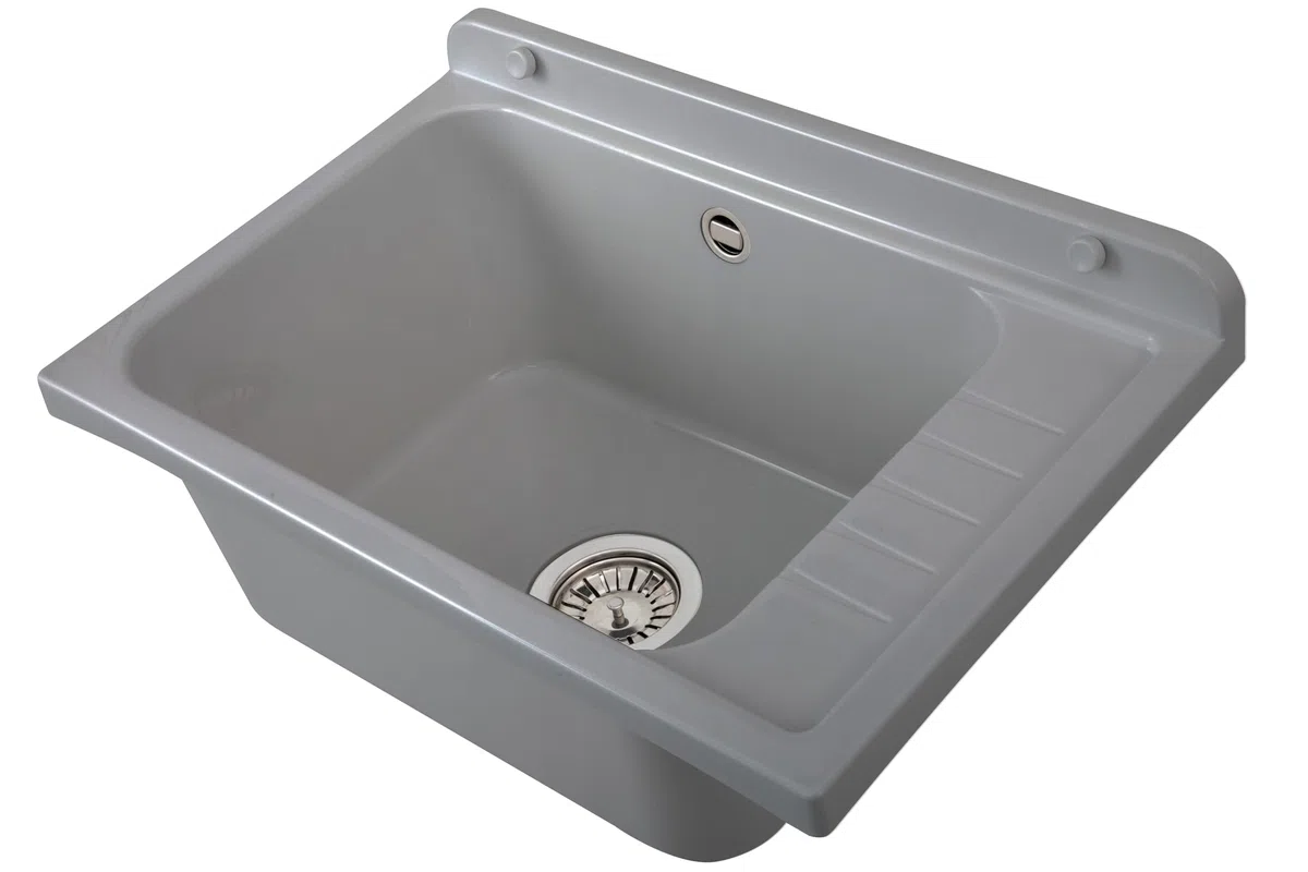 Negrari Pilozzo a Muro in polipropilene con pilettone in metallo, Resistente agli agenti atmosferici, Kit di fissaggio e Kit di scarico inclusi, Esterno e Interno, 58L x 38P x 21H cm, Grigio