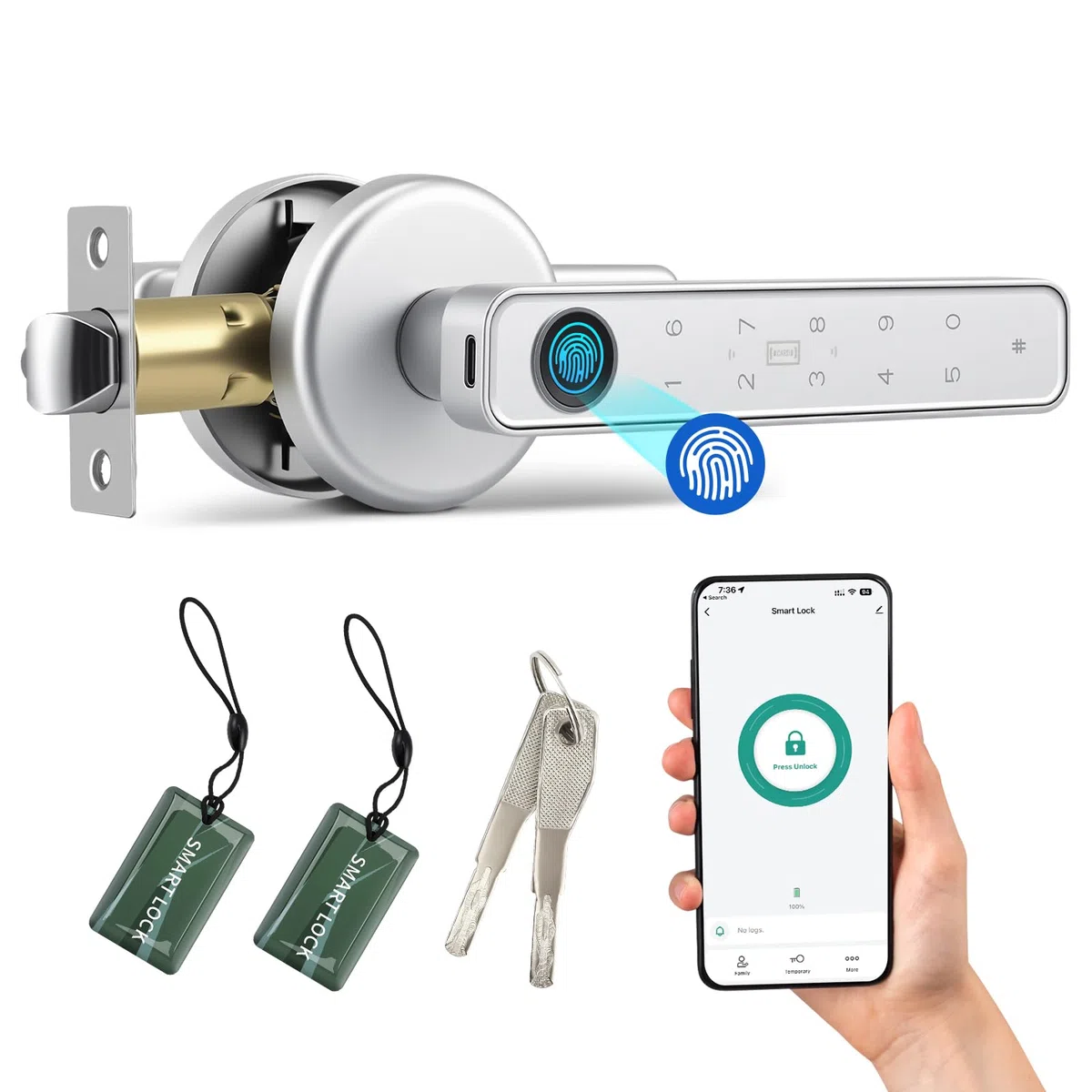 Smart serratura elettrica con impronte digitali, Smart Lock per porta interna, serratura elettronica con Bluetooth, password, app, scheda IC e chiave di emergenza per Smart Home