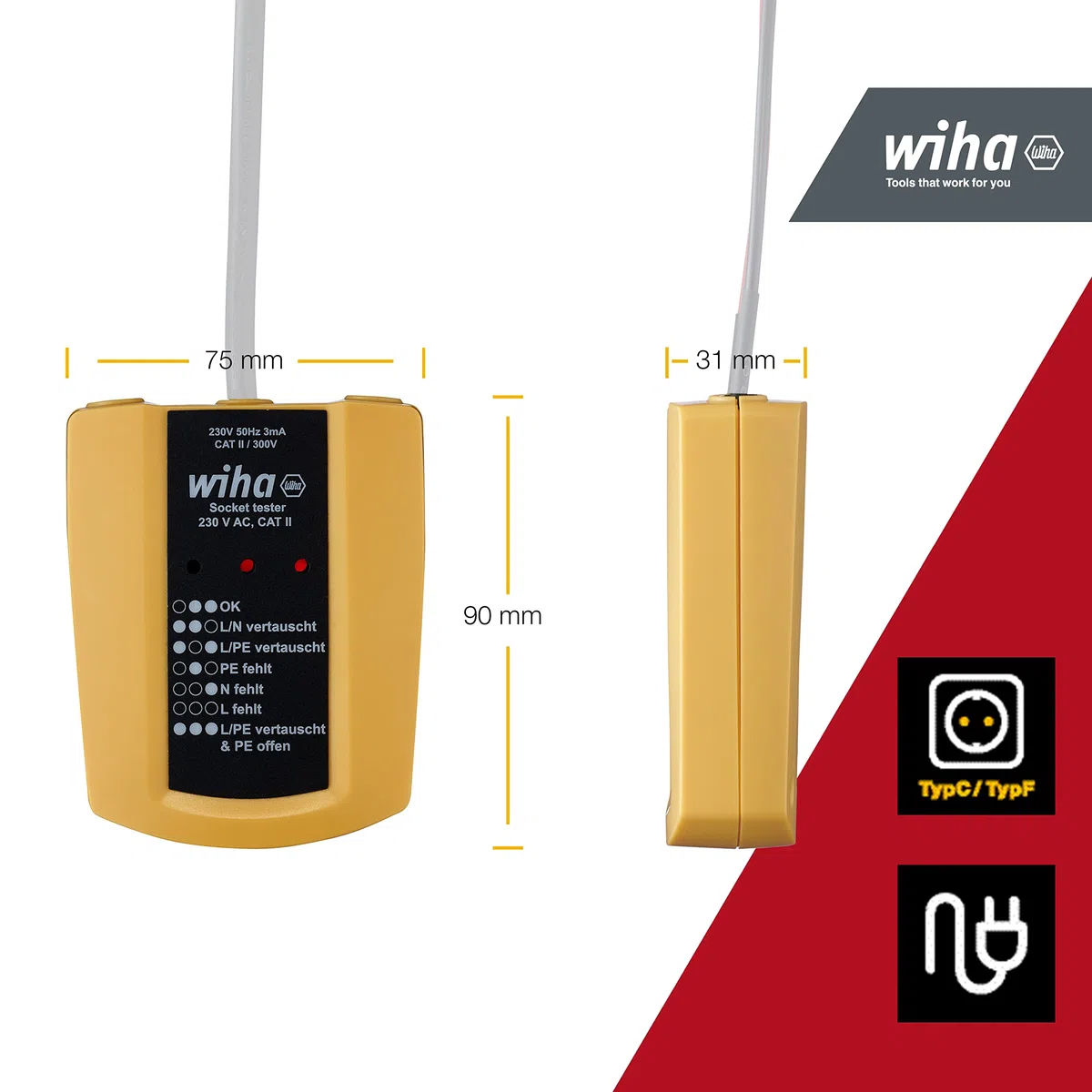 Wiha Tester per prese 230 V AC, CAT II con 2 batterie AAA I con cavo flessibile, indicatore LED (45220)