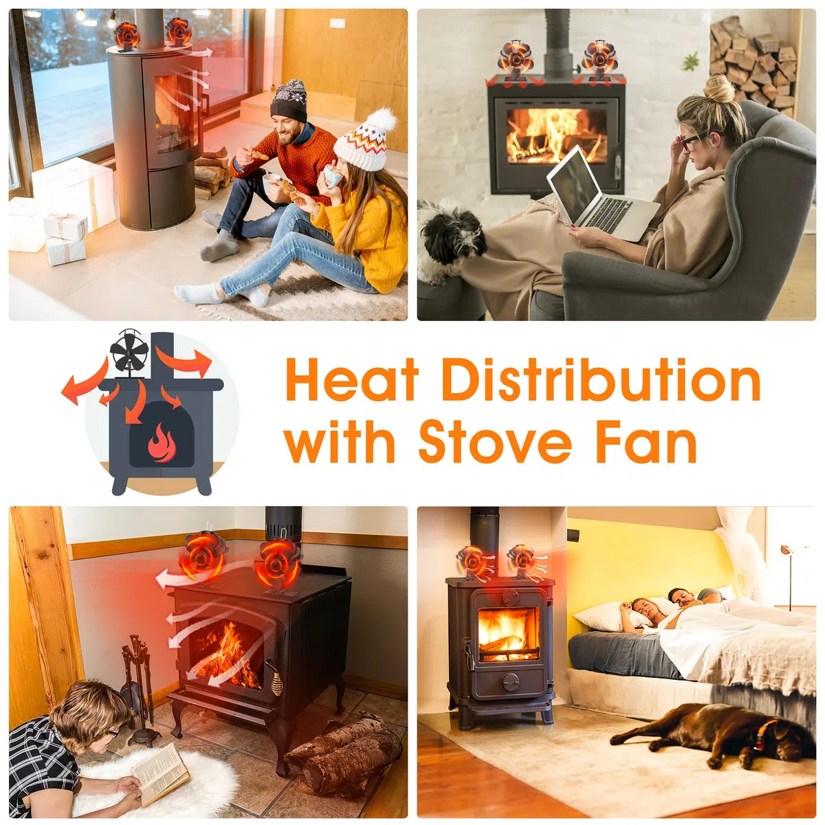 Ventilatore per stufa a legna, ventilatore per camino a 5 pale per stufa a legna, ventilatore a calore, funzionamento silenzioso che circola aria calda, (include termometro magnetico)