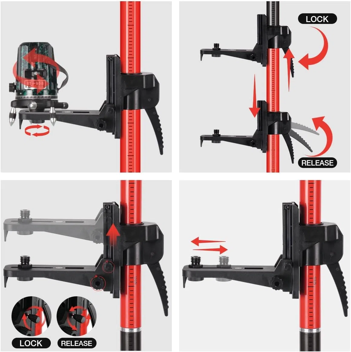 Barra di livellamento laser telescopica con treppiede estensibile fino a 4,2 m con supporto laser da 1/4" x 20", con dado adattatore 5/8"-11, rosso