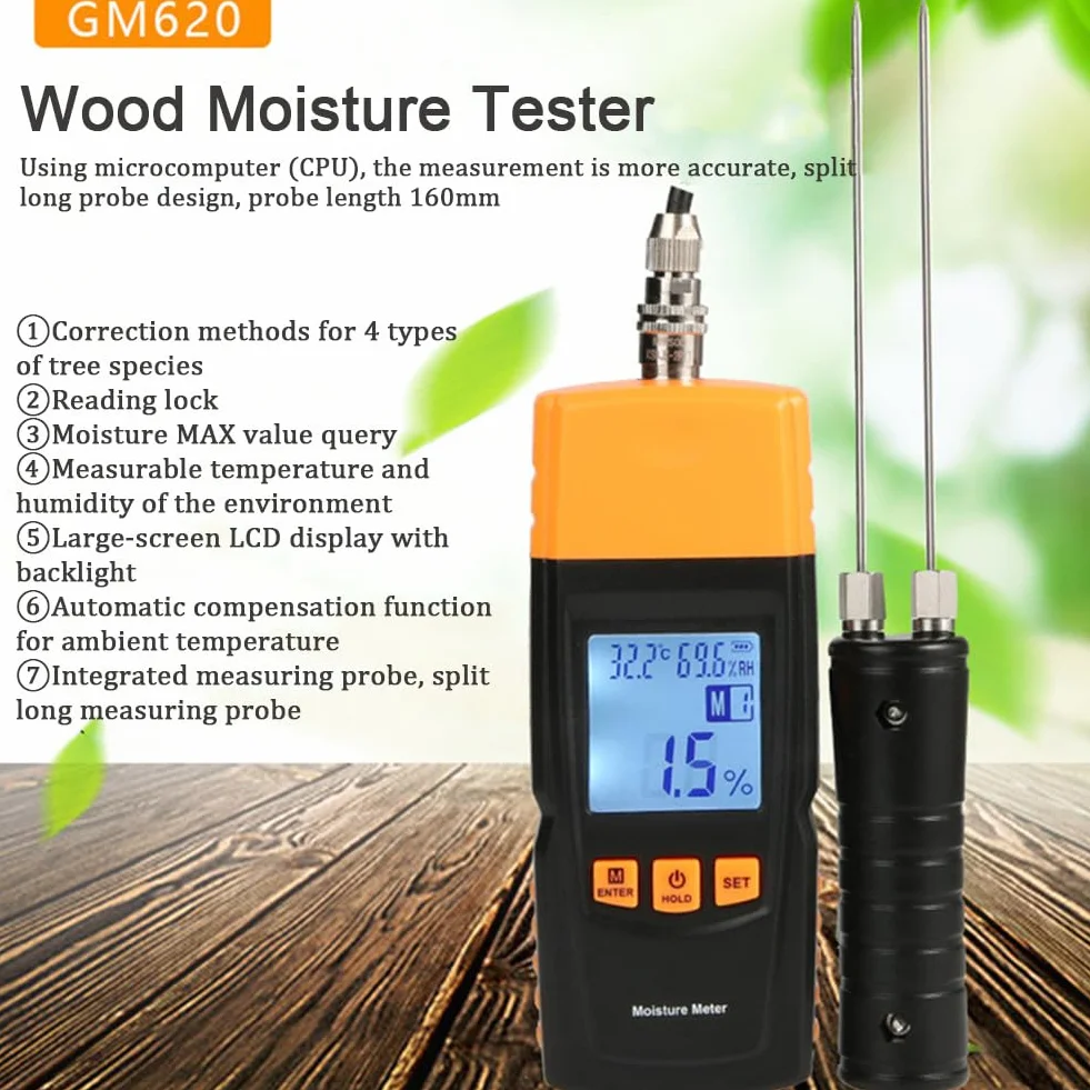 Igrometro Digitale, Akozon GM620 Legno Tester Misuratore Rilevatore Umidità con LCD Digitale 2~70% RH -10-60 ℃ Igrometro per Legno Bambù Carta Tappeti