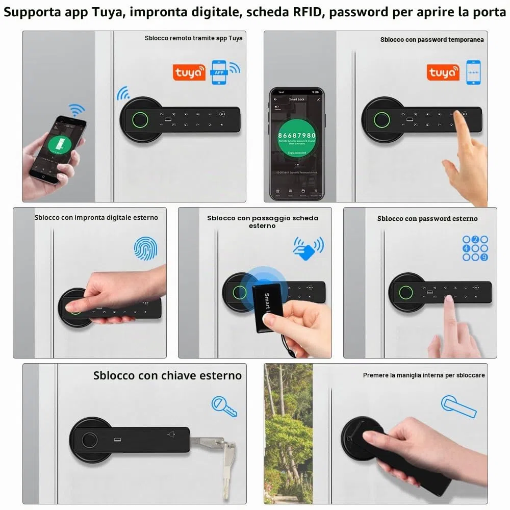 Smart Door 5-in-1 Lock Maniglia Porta Elettronica con Tastiera Password WiFi TUYA Smart Lock con Improntata Biometrica Digitale RFID IC Card Touch per Casa Ufficio Appartamento