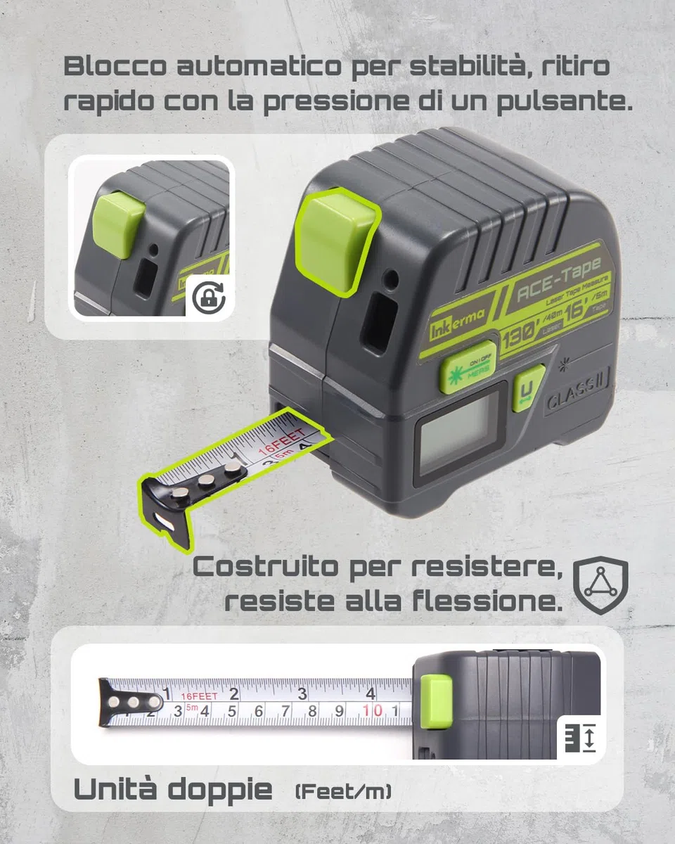 Metro a Nastro Laser 2-in-1, Inkerma Strumento di Misurazione Laser 130Ft/40m & Metro a Nastro 16Ft/5m, Misuratore Laser Digitale con Display LCD, Unità M/In/Ft/Ft+In, Nastro Auto-bloccante