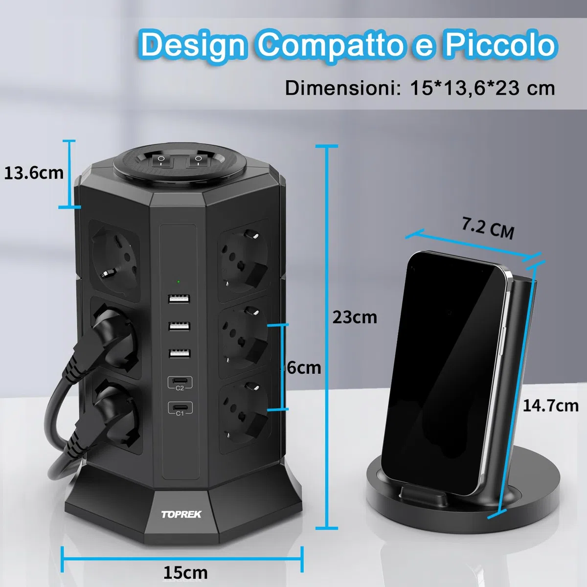 TOPREK Ciabatta Multipresa Verticale con 12 Prese Universali ITA 10/16A e Schuko e 2 USB C(20W PD3.0 Ricarica Rapida) e 3 USB A, Protezione Sovratensione, 4000W/16A, 2 Interruttore, 2M Cavo, Spina 16A