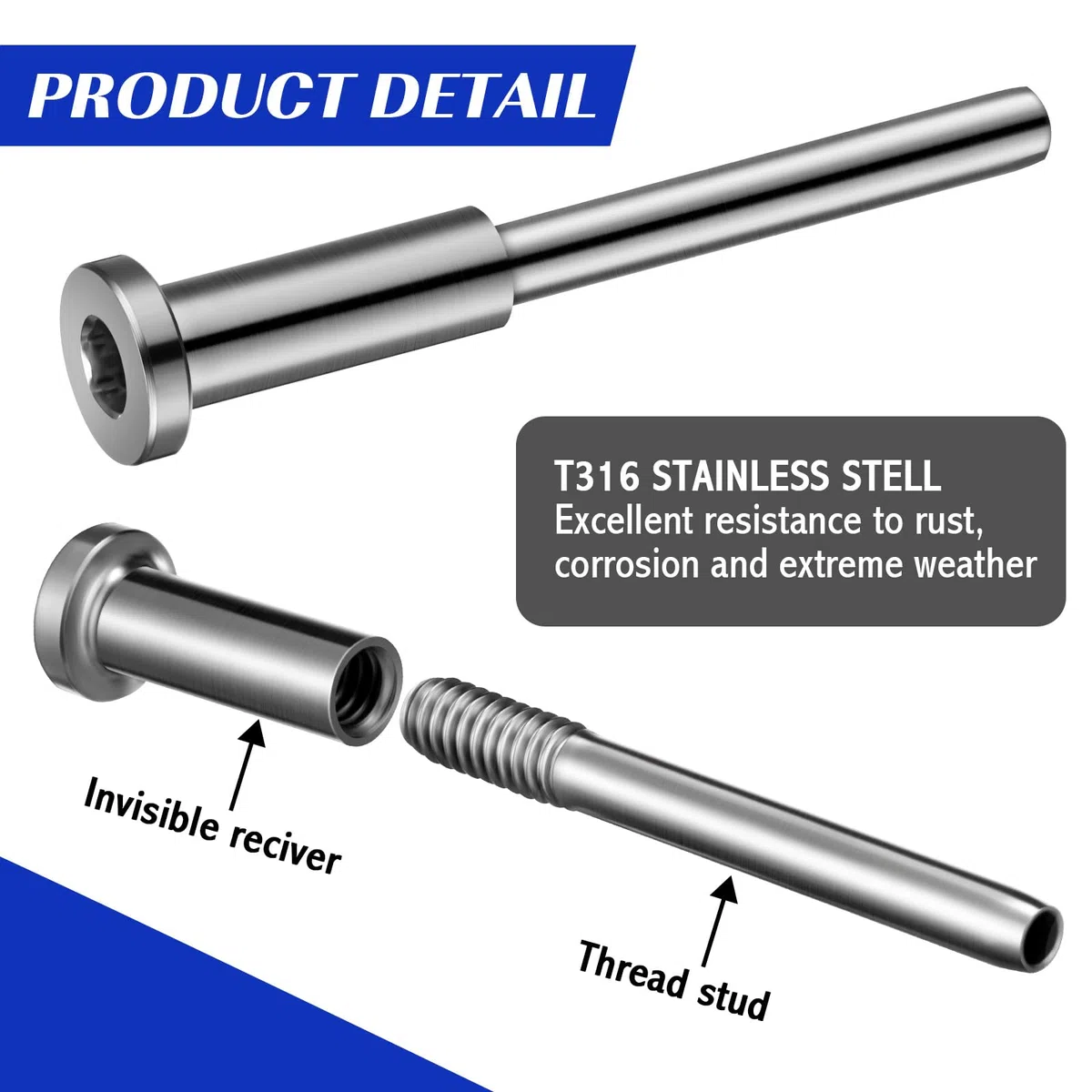 Blulu Kit di 60 cavi invisibili, in acciaio inox T316, ricevitore invisibile da 0,3 cm e estremità a perno a pressare, tenditore da 1/8" per pali in legno/metallo, hardware (argento)