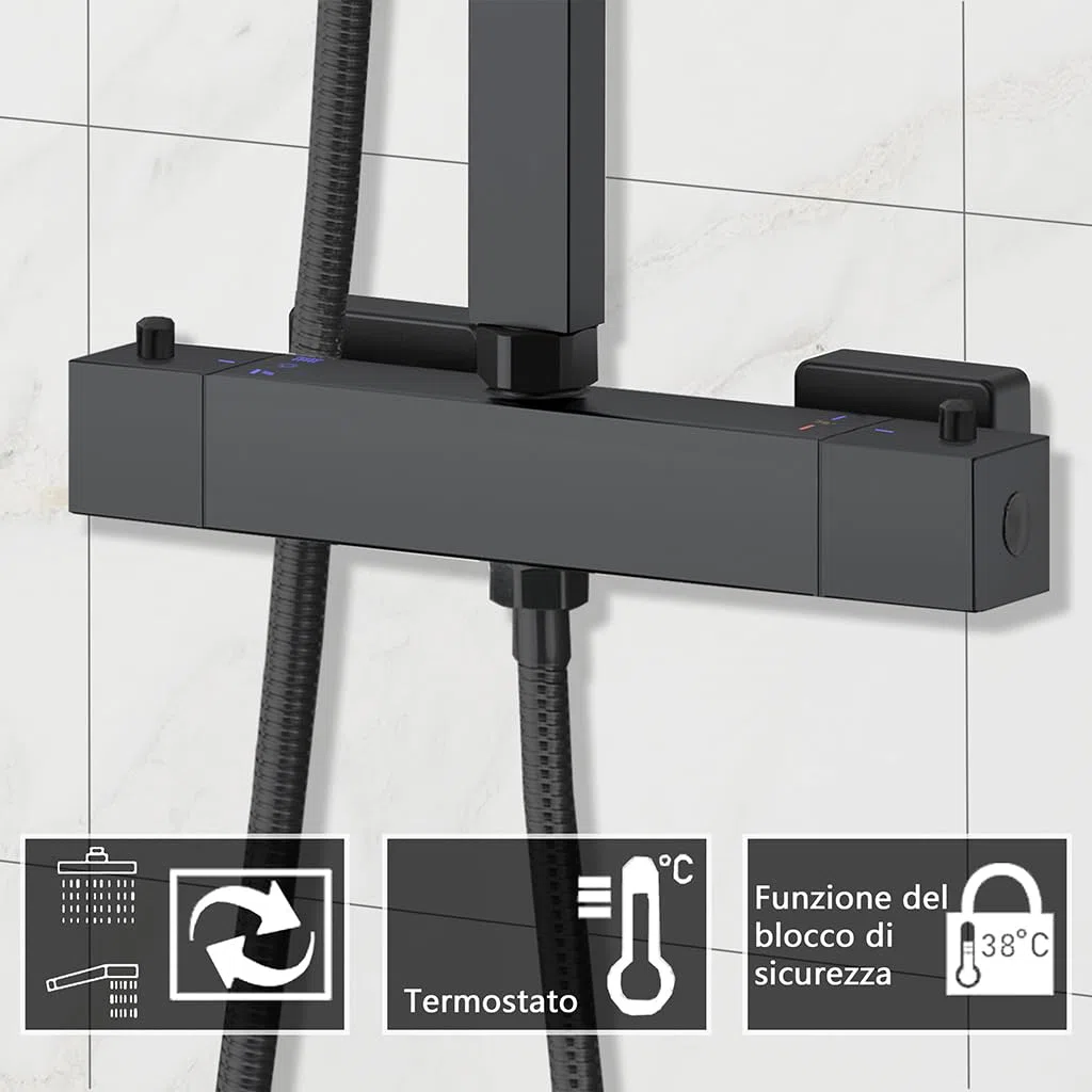 OCEAN ITALY Colonna Doccia con Soffione Acciaio Inox 20x20cm, Gruppo Doccia con Miscelatore Termostatico, Saliscendi Doccia Moderno Quadrato Regolabile 73-115cm, Nero Opaco