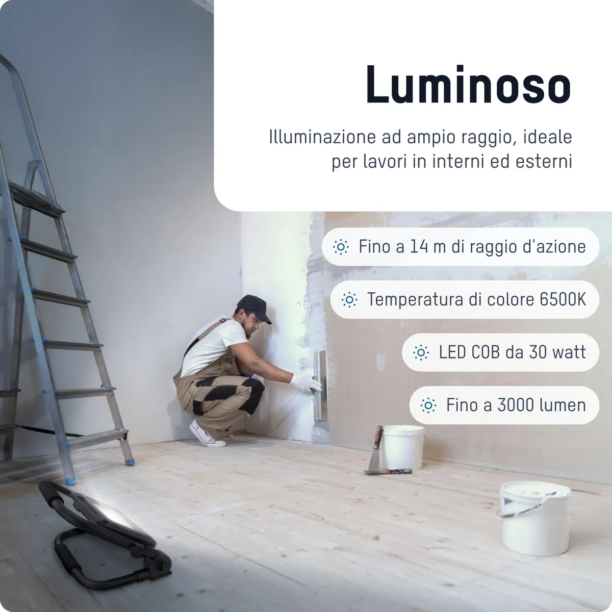 ANSMANN Luce da lavoro a LED, compatibile con batterie da 18V, incl. piastre di adattamento per Bosch, Makita, Milwaukee/Dewalt, 3000 lumen robusti 30 watt 3 livelli di luminosità