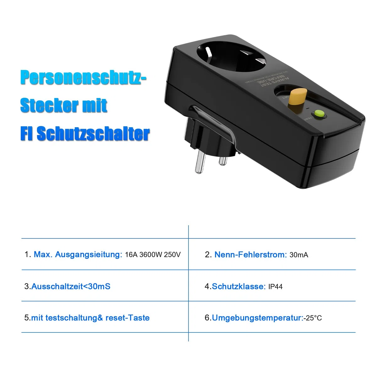 FI, presa di protezione personale, anti-perdite e shock elettrico, 230 V/16 A FI interruttore di sicurezza, presa con interruttore di protezione FI adatto per elettrodomestici, nero