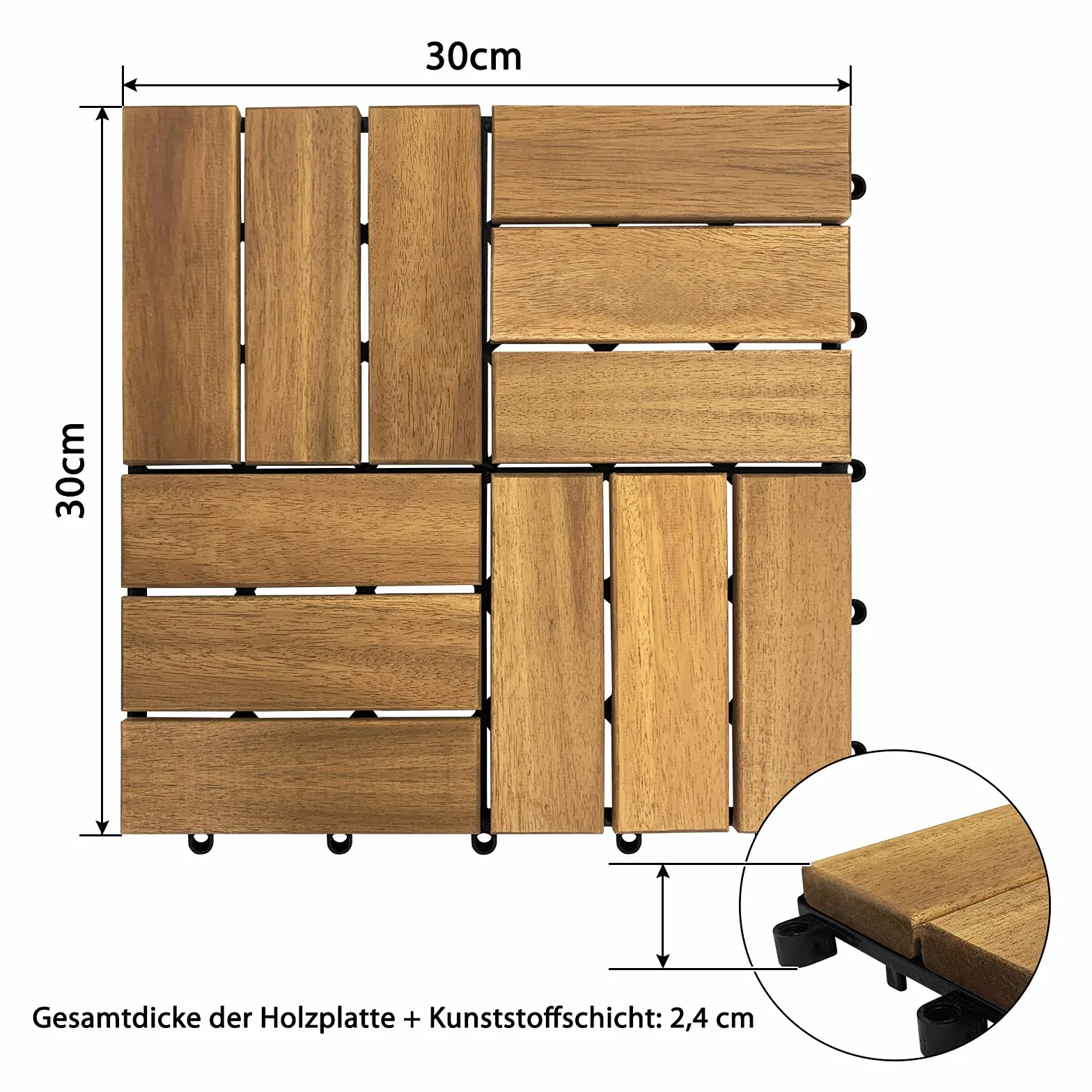 LARS360 12 Venature del Legno Acacia Mattonella Legno Sistema ad Incastro Giardino Piastrelle 30 x 30 cm Balconi, Terrazza Piscina Sauna - Set da 11(1 m²)