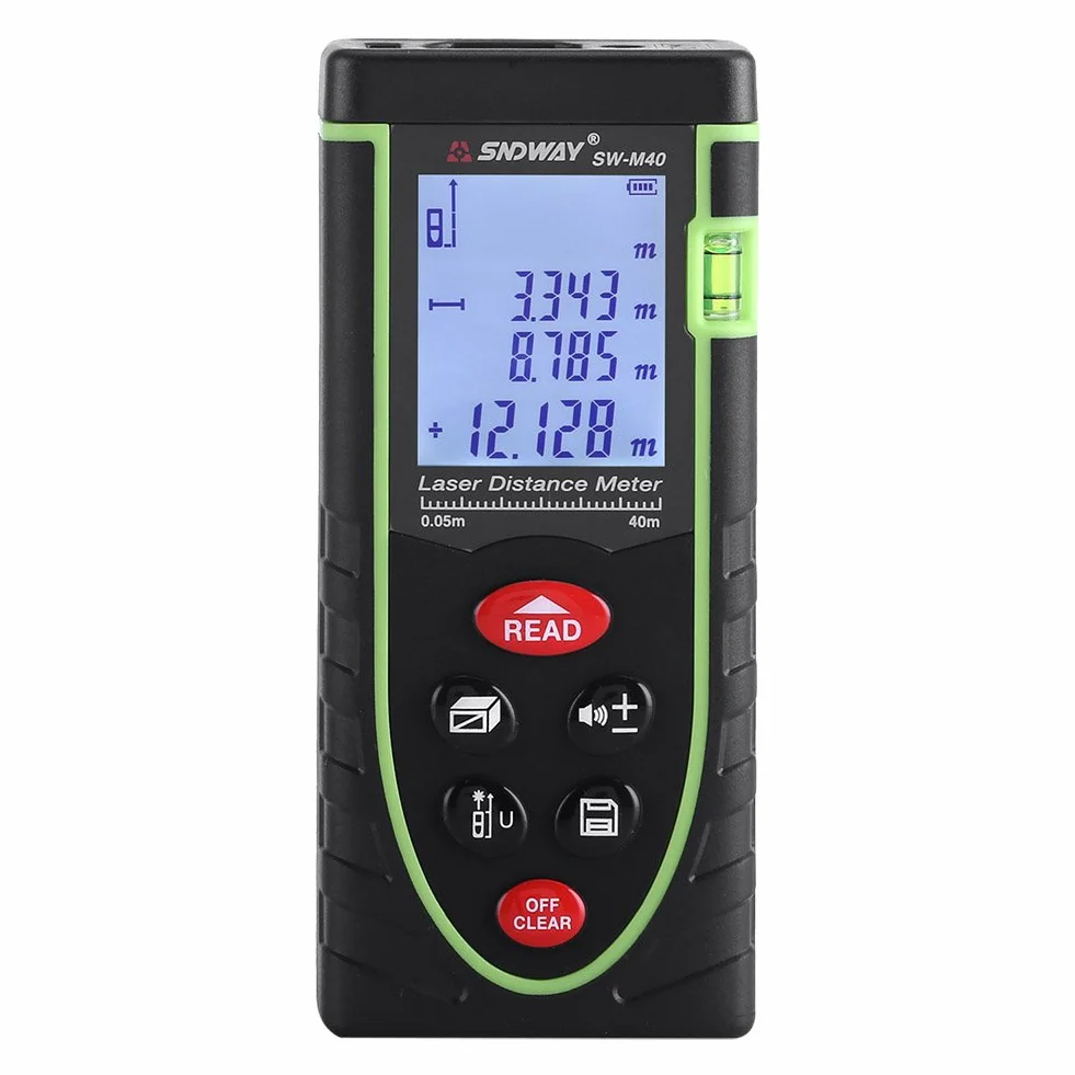 Distanziometro digitale portatile Range Finder 1 mm fino a 40/60/80/100 m con ampio display LCD di retroilluminazione e livella a bolla per interni ed esterni (40 m)