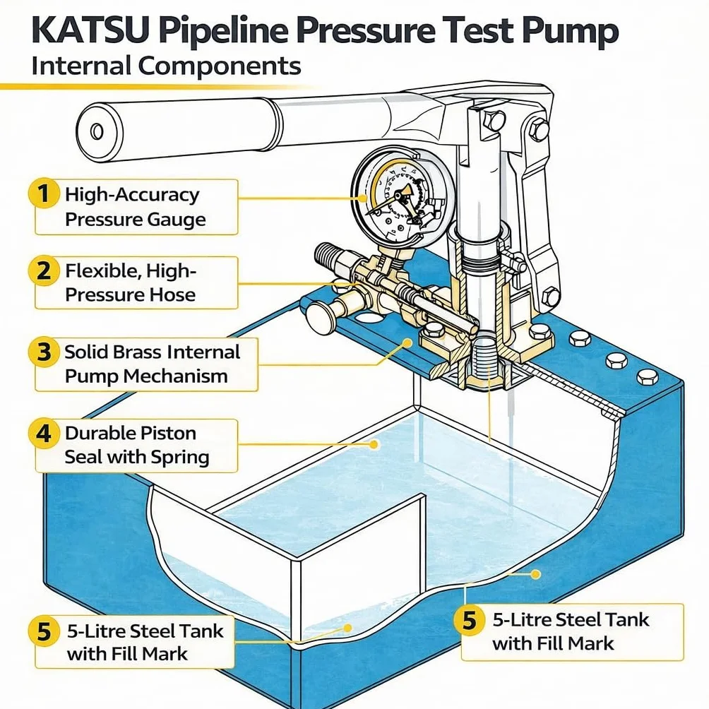 KATSU Pompa di prova della pressione della tubazione, prova di tenuta idraulica 5L 0-50Bar manuale per l'ispezione dell'installazione del sistema di tubazioni dell'acqua calda e fredda 318927