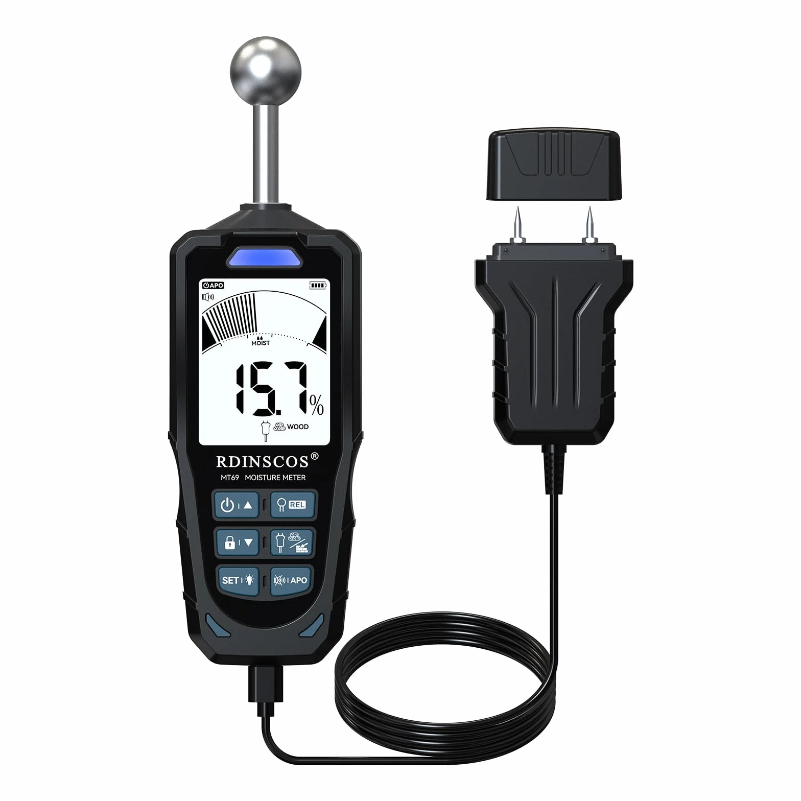 RDINSCOS Tester di umidità 2 in 1 con sonde sferiche e aghi – Umidità metro per legno, muri, calcestruzzo e gesso, schermo LCD, rilevamento 20-40 mm, allarme sonoro